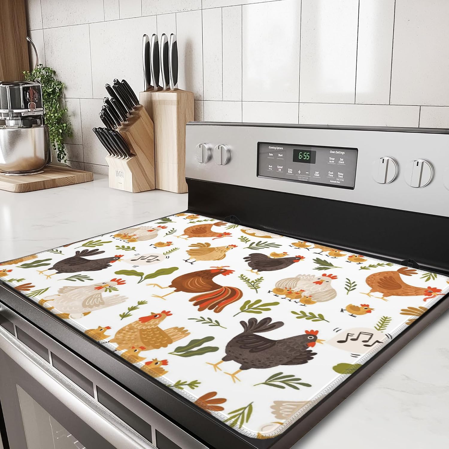 Detalle de Kazxcoa Roosters Chickens Hens Stove Top Cover, 28 x 19.5-Inch Rubber Mat