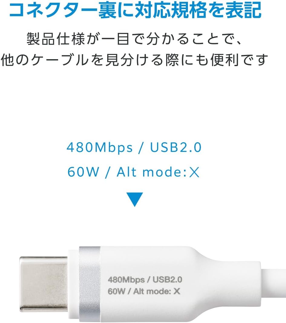 Detalle de エレコム MPA-CCECFS05WH USB Type-Cケーブル 0.5m 発泡シリコン・PD最大60W対応