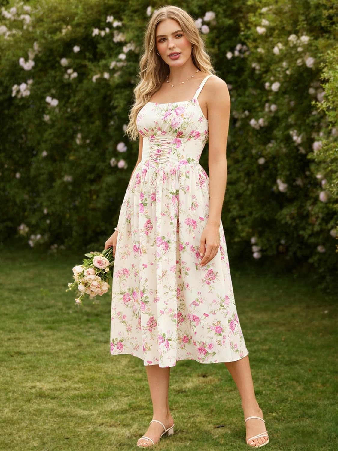 Detalle 2 de SCARLET DARKNESS Robe d’été femme à motif floral, bretelles spaghetti et style corset