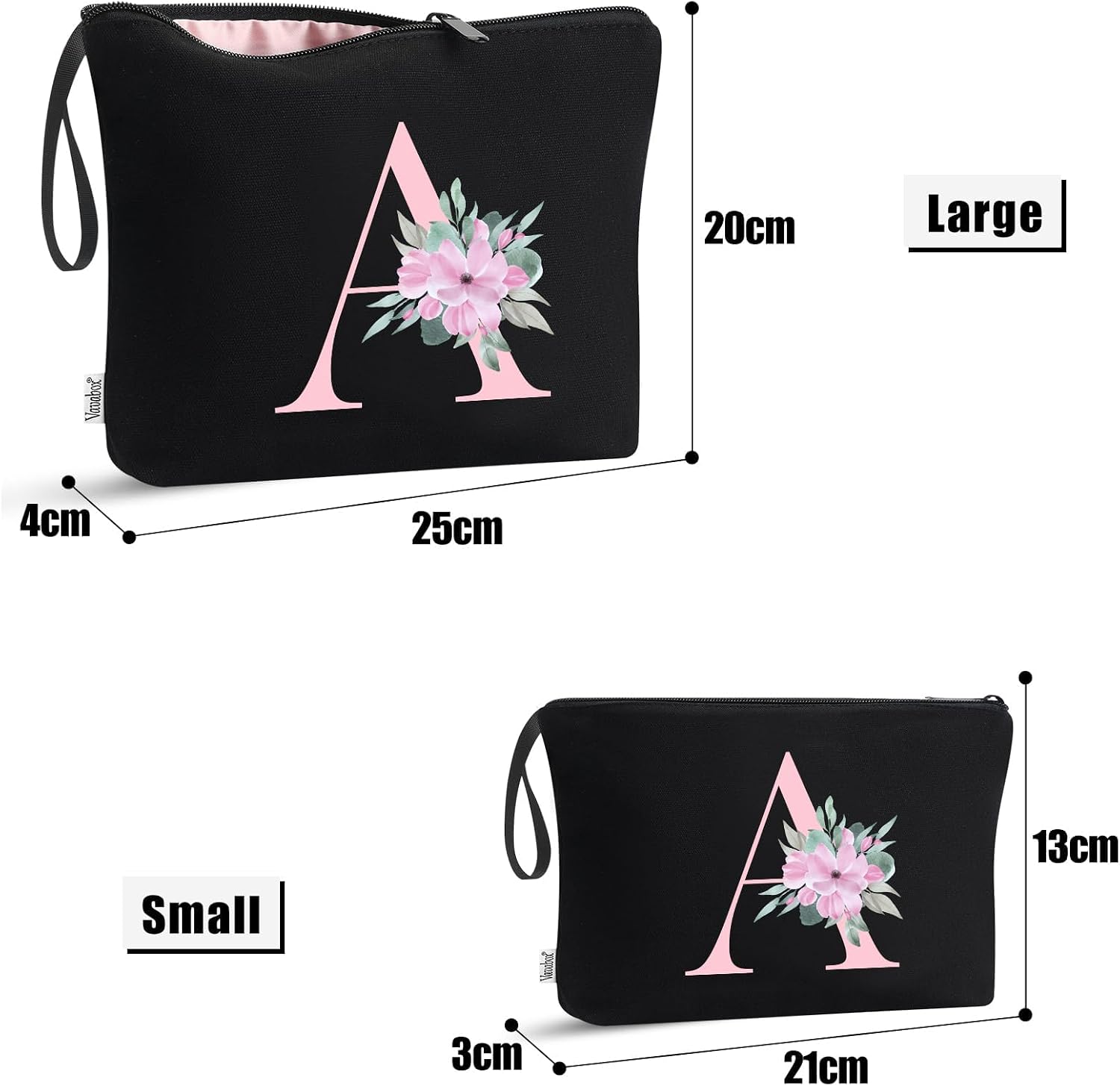 Detalle 2 de Vavabox 2 Pcs Initial Toiletry Bags Set (Black) – personalised travel pouches with handle