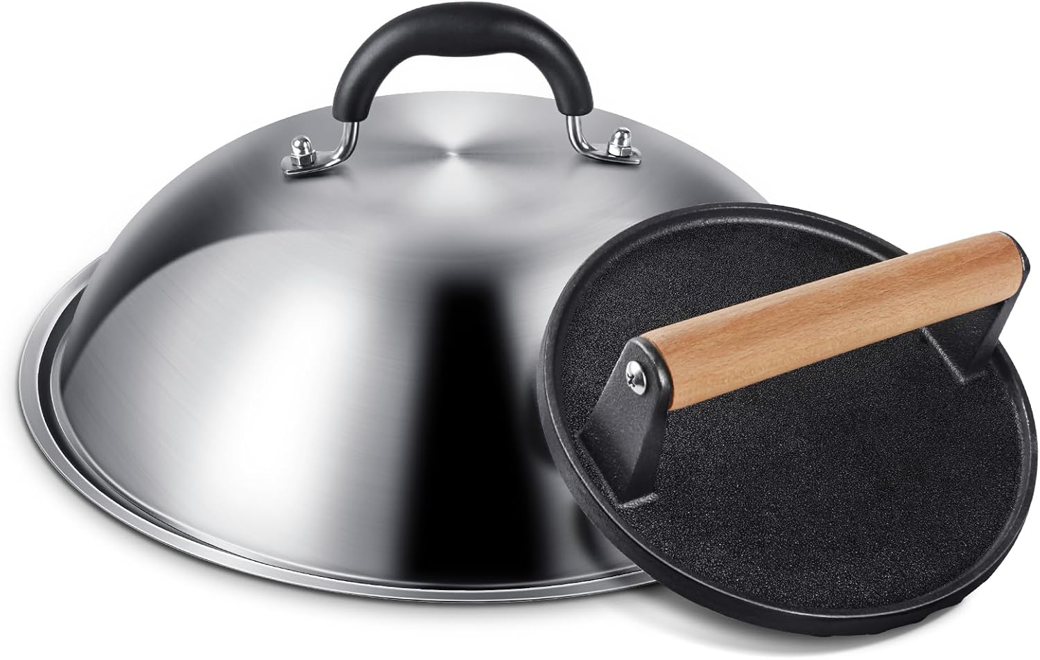 Detalle de EWFEN xike-0079US Griddle Set with Stainless Steel Dome and Cast Iron Press