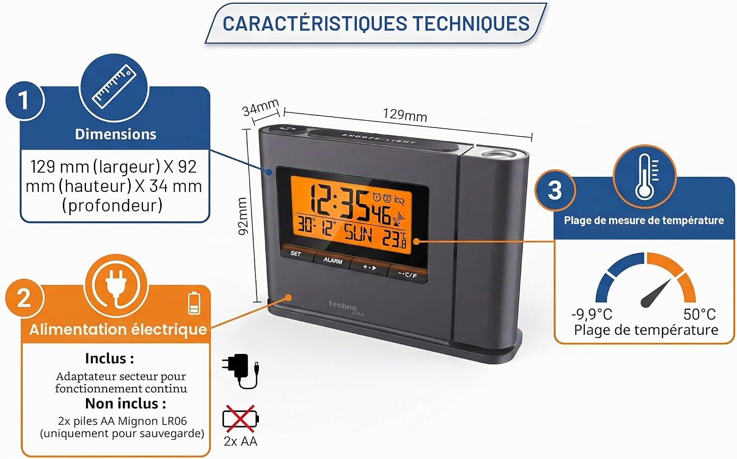Detalle de Techno Line WT519 Réveil à Projection Noir – horloge radio-pilotée avec projection multilingue