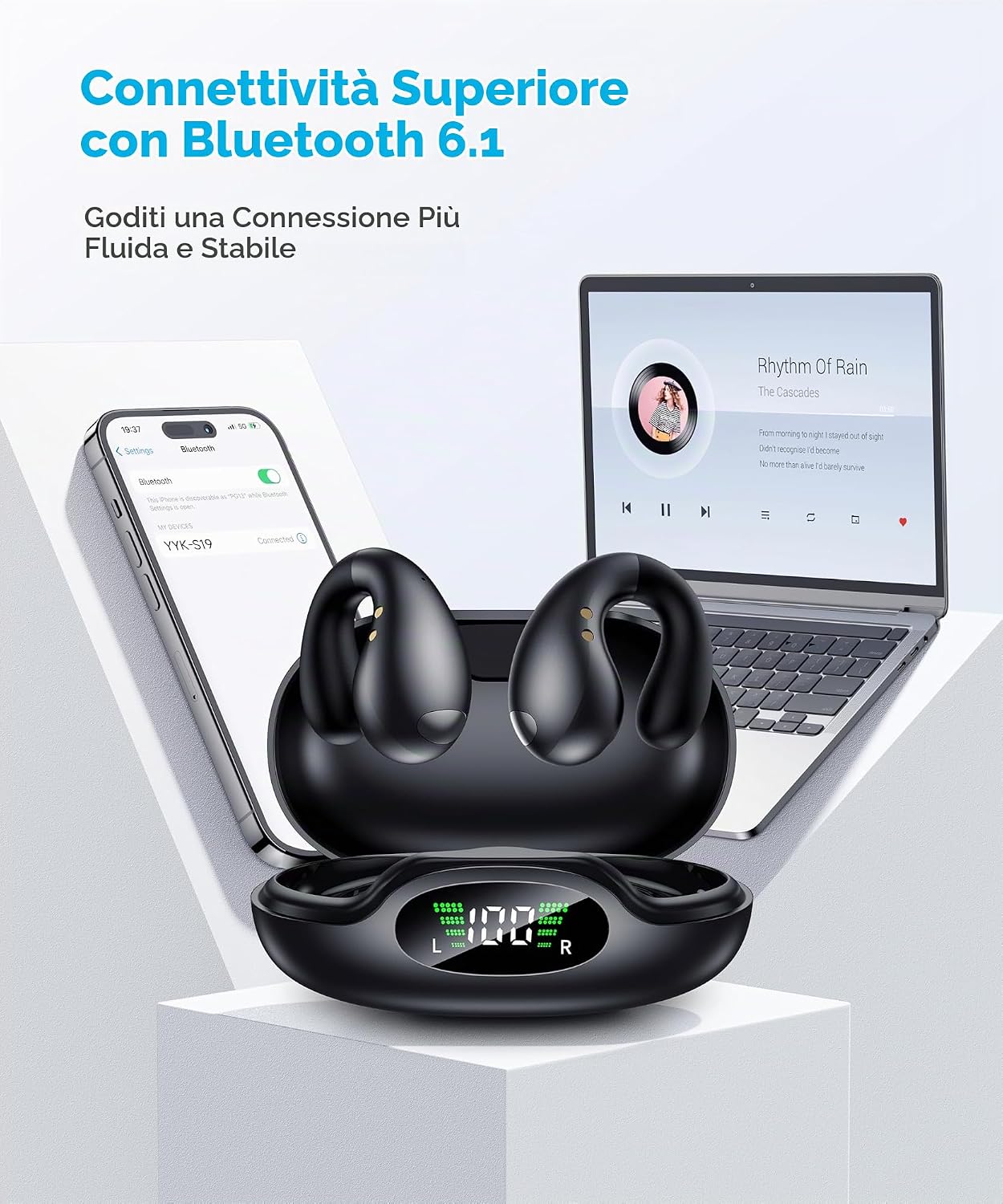 Detalle 2 de Boytond 2026 Sports, cuffie Bluetooth 6.1 open-ear con clip, IPX7 e custodia USB-C