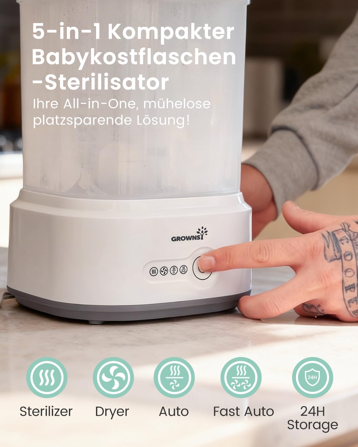 Detalle 2 de Grownsy Sterilisator für Babyflaschen mit Trocknerfunktion (5-in-1) – Dampfsterilisator & Luftfilter für bis zu 5 Flaschen