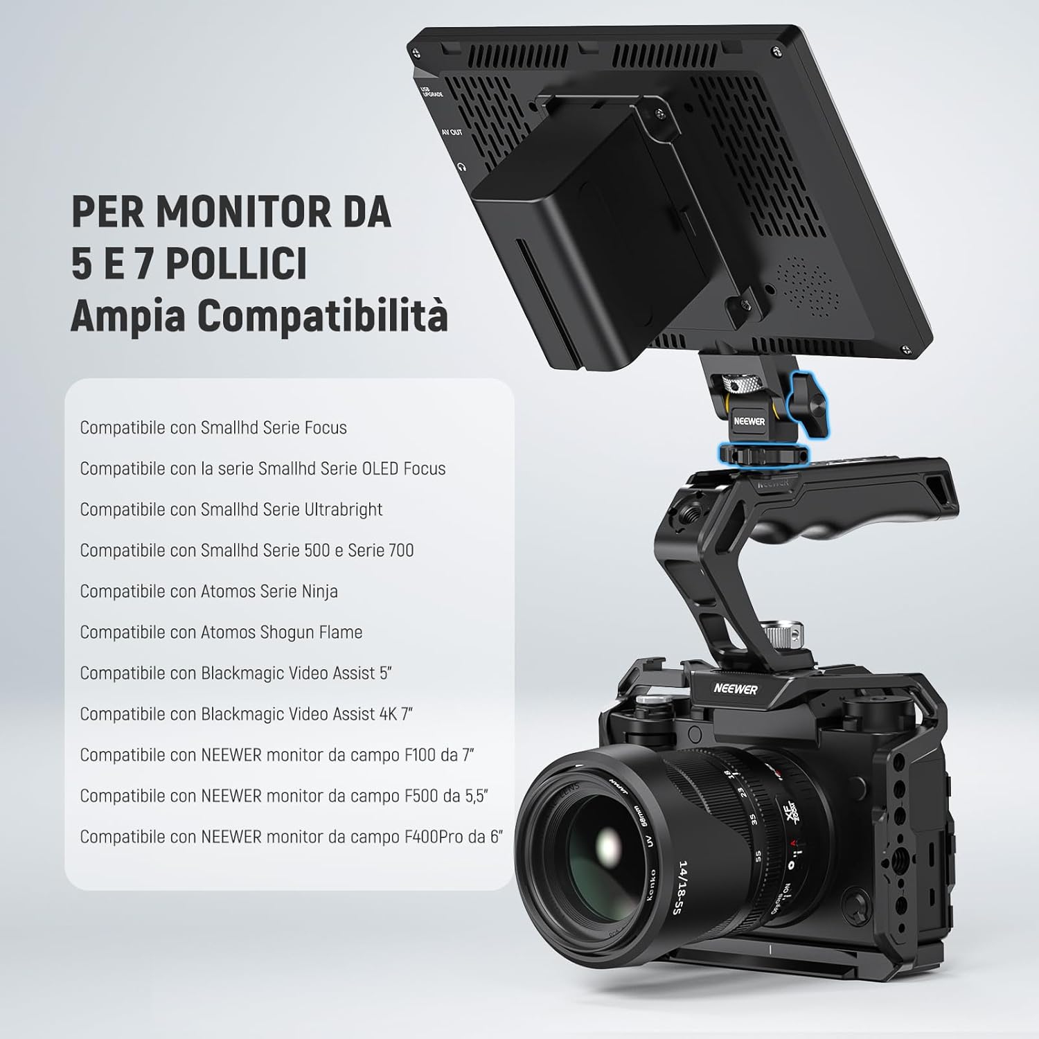 Detalle 2 de NEEWER Supporto per monitor fotocamera MA006 con cold shoe, rotazione 360° e inclinazione 180° (compatibile 5"-7" e Atomos Ninja V)