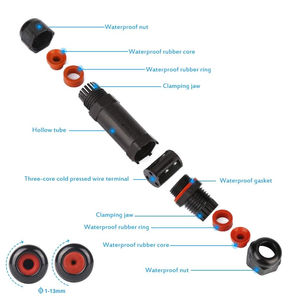 Detalle 2 de HOSPAOP JM-M20 3-polige kabelverbinder IP68, 3-12 mm, zwart, 4 stuks