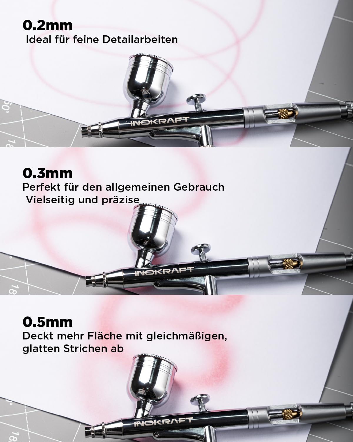 Thumbnail 6 de InoKraft Airbrush-Set mit Kompressor (1/6 HP), 3 Düsen (0,2 / 0,3 / 0,5 mm) & Airbrushpistole
