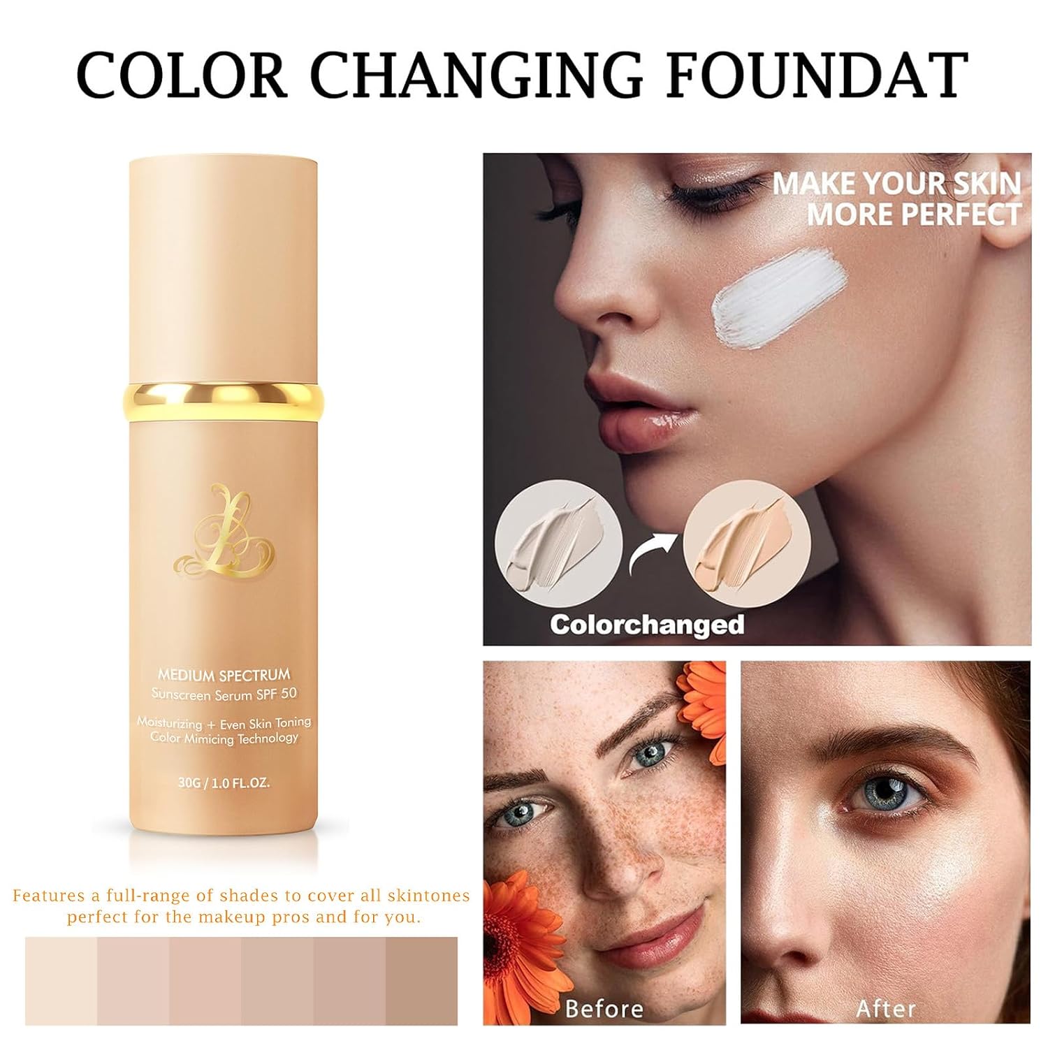 Detalle 2 de Match Foundation 4-in-1 with SPF 50 (Color Changing Medium Spectrum) with 2 Brushes & 2 Sponge