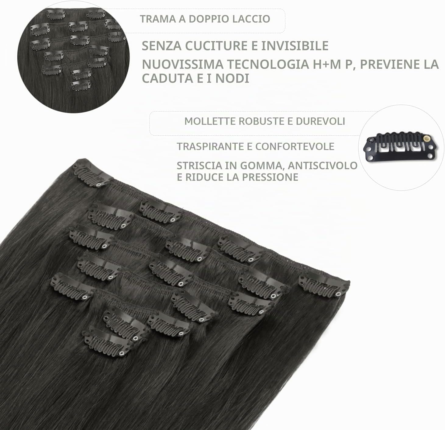 Detalle 1 de WENNALIFE Extension a clip di capelli veri Remy vergini doppia ciocca 55,9 cm, nero naturale