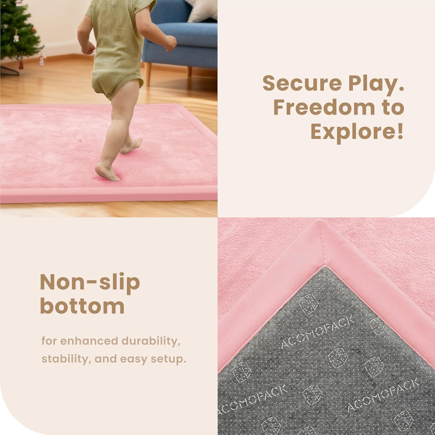 Thumbnail 3 de ACOMOPACK Baby Play Mat (3.5CM Thick Memory Foam) Coral Velvet Activity Rug, 100×150cm Pink