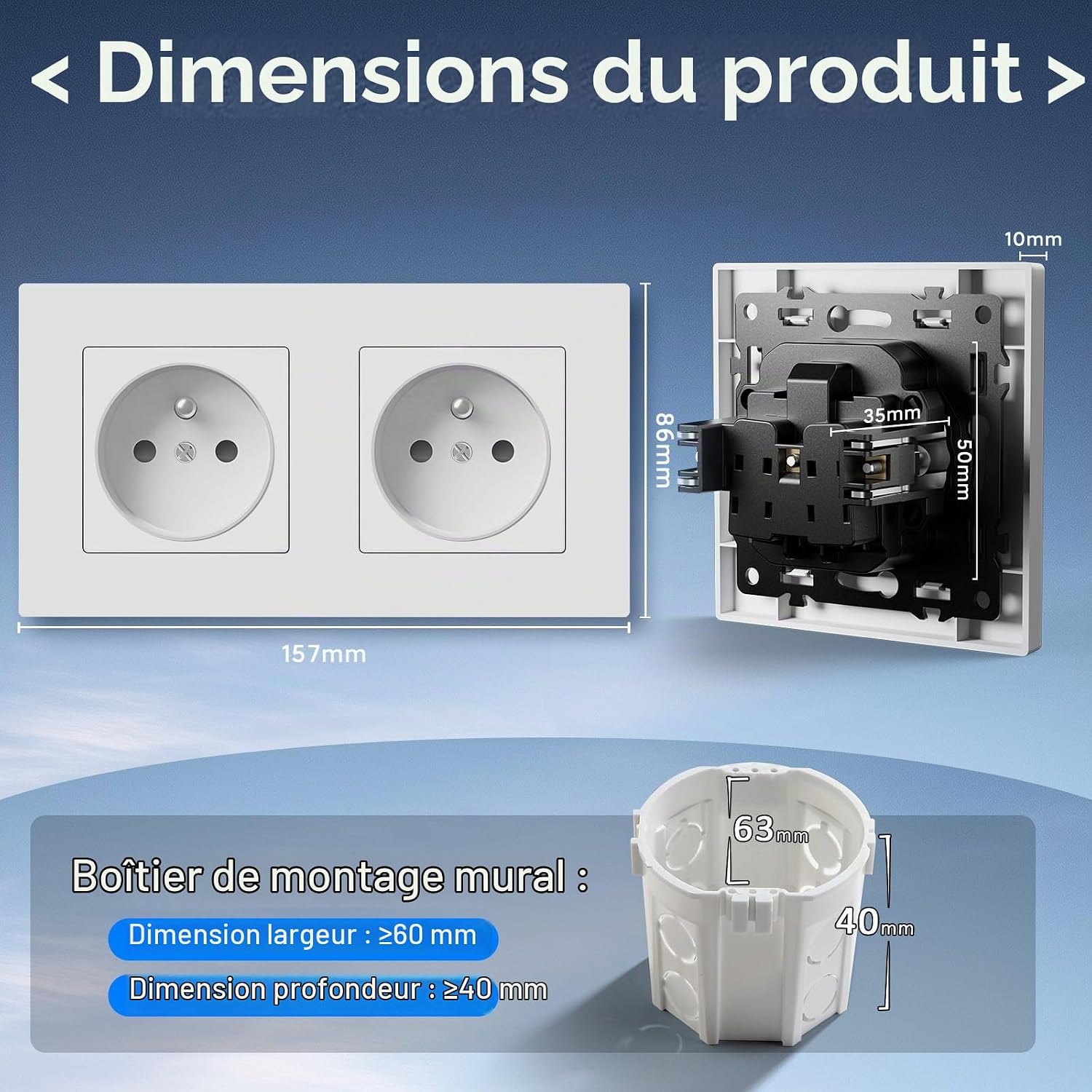 Detalle de BSEED dubbel inbouwstopcontact, Franse Type E, 16 A, 250 V, wit