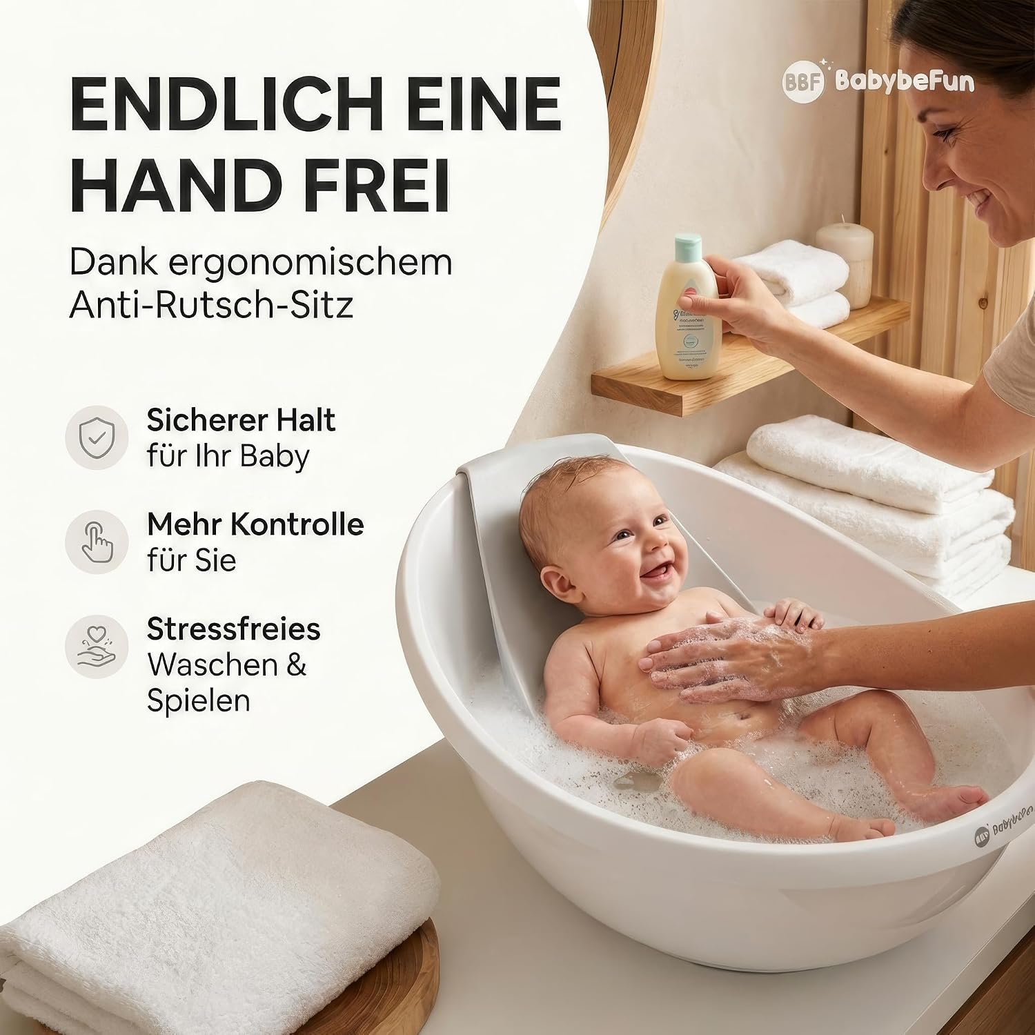 Thumbnail 2 de BabybeFun Baby-Badewanne mit Badewanneneinsatz für Neugeborene – rutschfest, für Dusche und Badewanne (0–12 Monate)