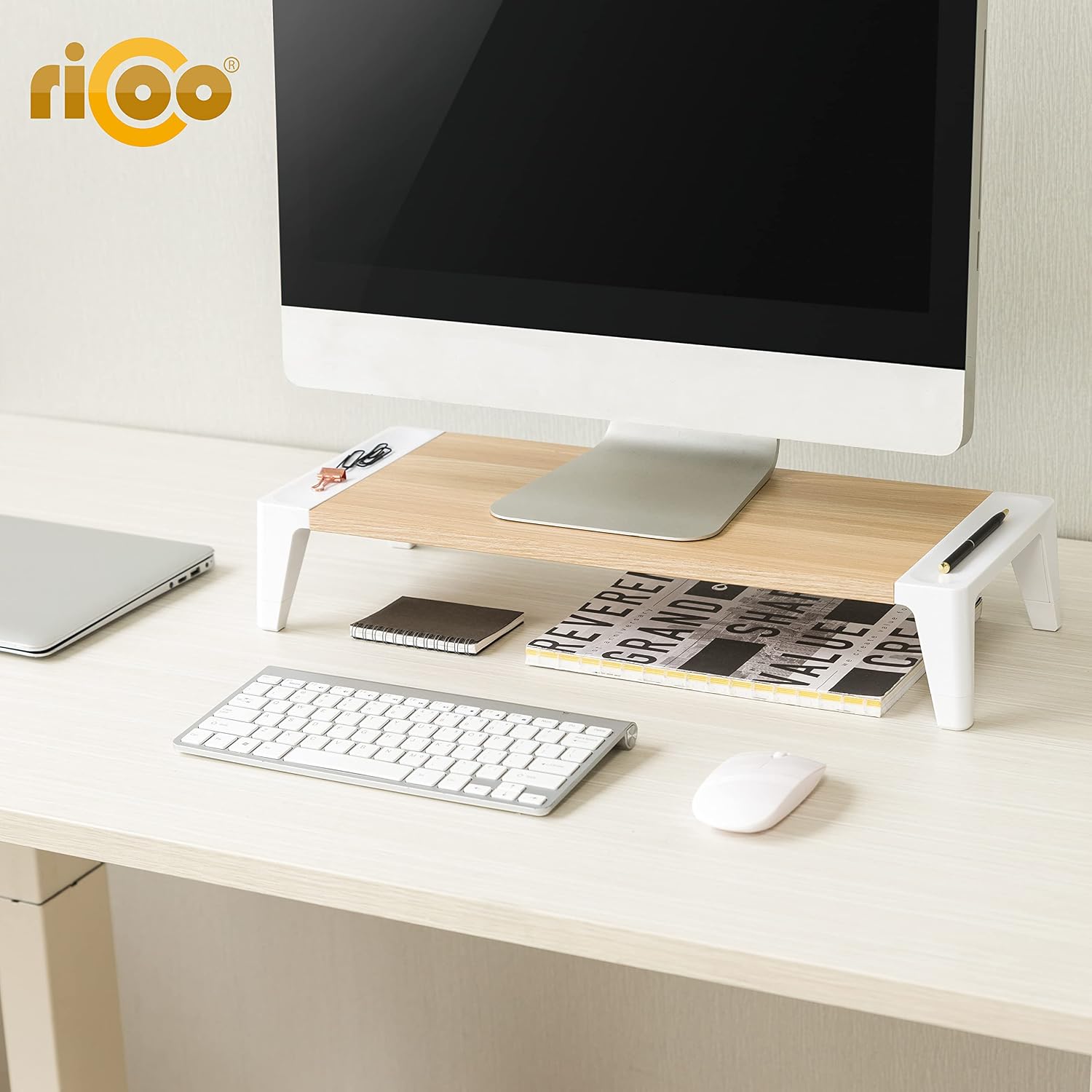 Detalle de RICOO Supporto monitor scrivania FS0142 554x215x100mm Bianco & Legno – Rialzo ergonomico per PC