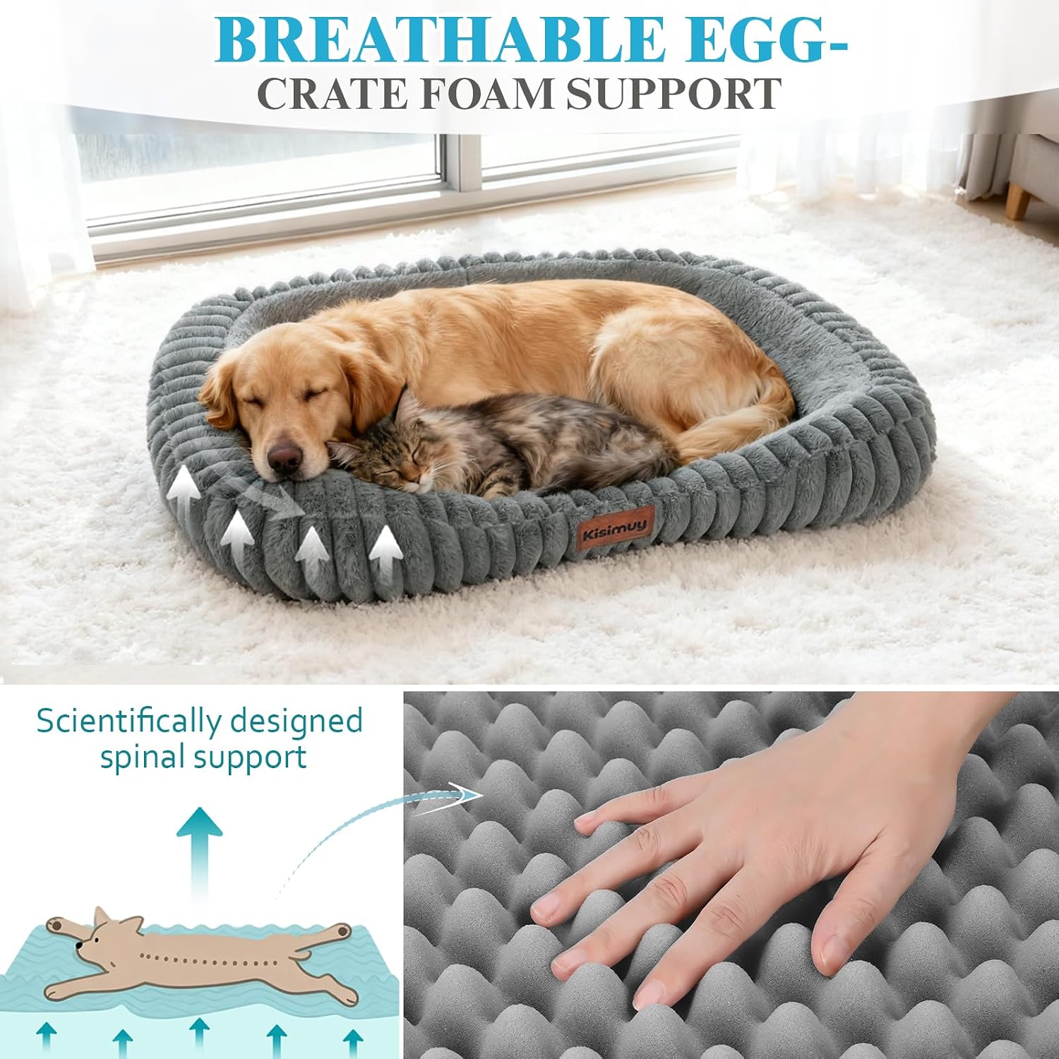 Detalle 2 de KISIMUY D26PB0002 Orthopedic Dog Bed, Memory Foam Bolster, 43 x 31 x 5.5 in