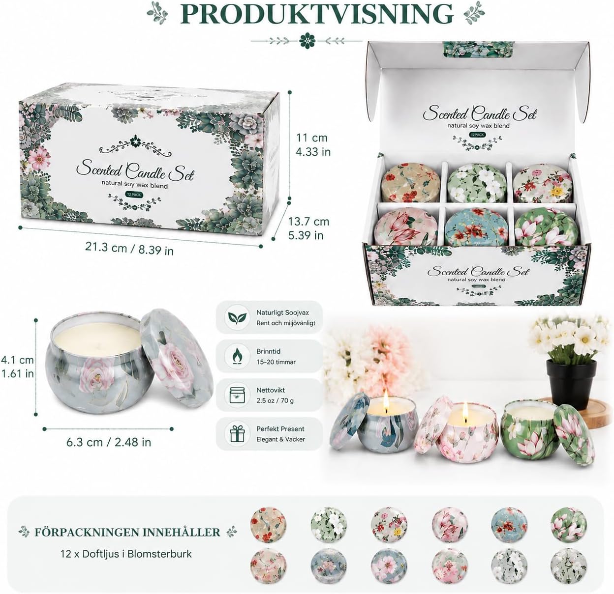 Detalle de CREASHINE doftljus i set om 12 med sojavax och 12 olika dofter