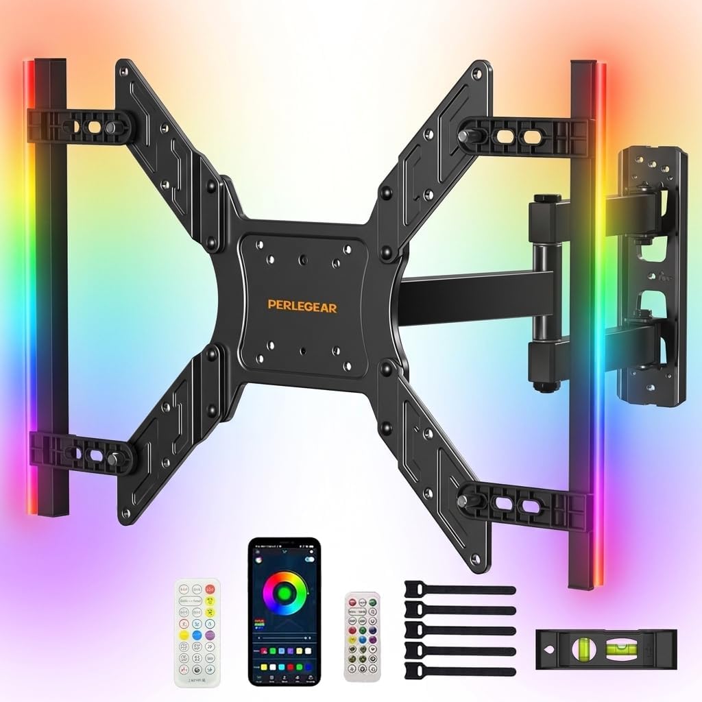 Perlegear Support mural TV LED avec éclairage PGTVM79B – 25 à 60 pouces, 45 kg, inclinaison et pivot, éclairage synchronisé