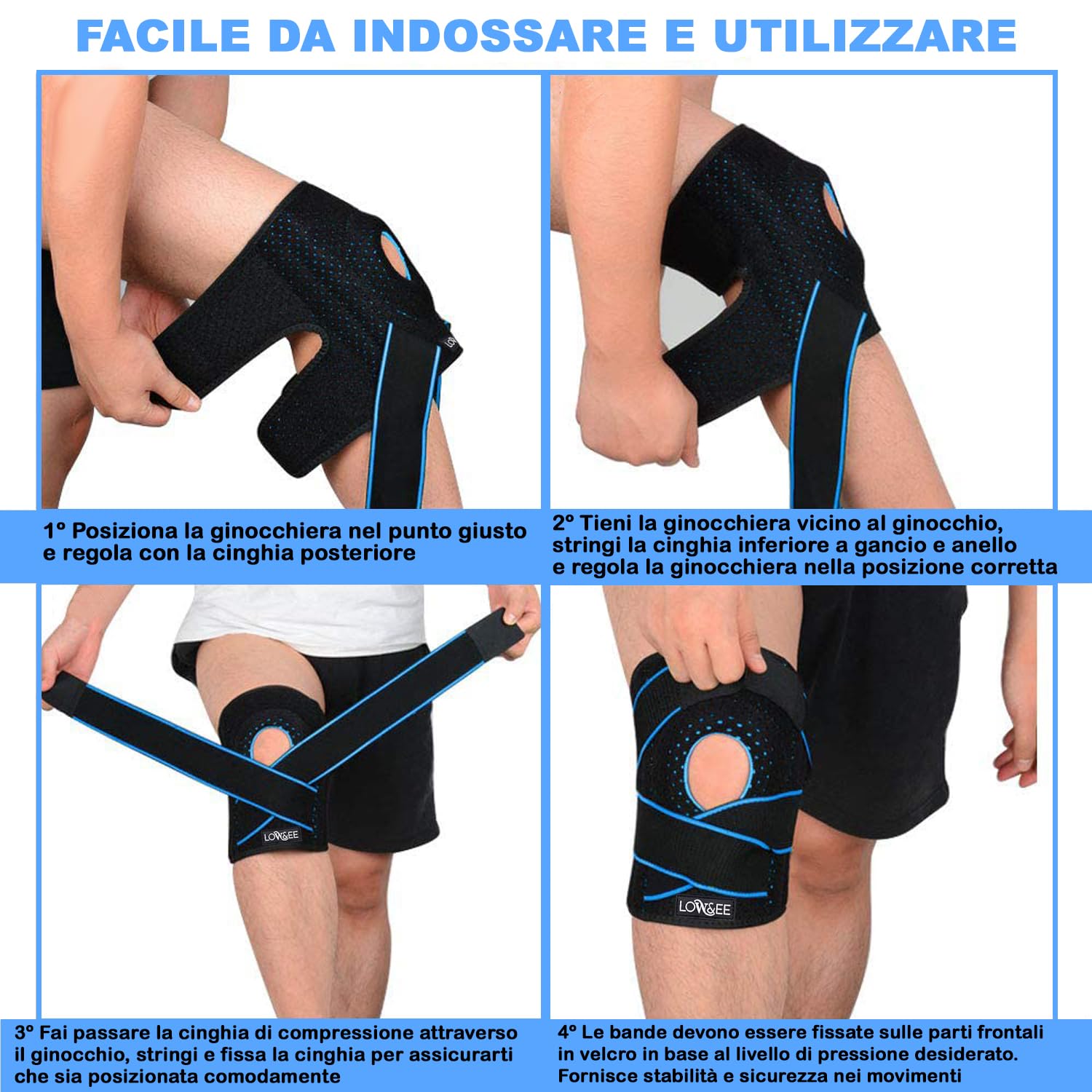 Detalle de LOW&EE Tutore Ginocchio con Stabilizzatori Laterali e Gel Pad – Ginocchiera ortopedica in neoprene, taglia unica