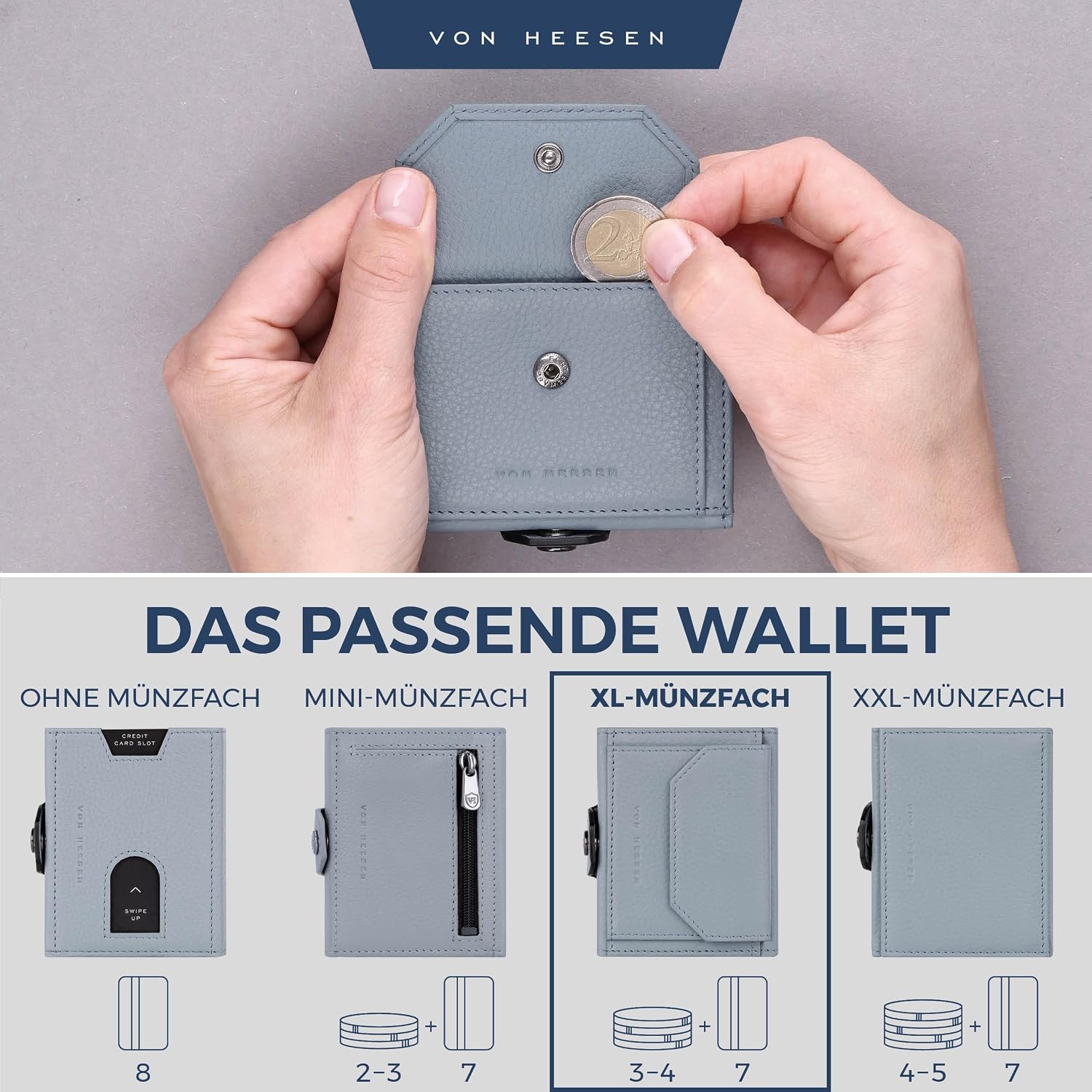 Detalle de VON HEESEN Slim Wallet mit XL Münzfach & RFID-Schutz – Mini Geldbörse aus Nappa-Leder in Hellblau