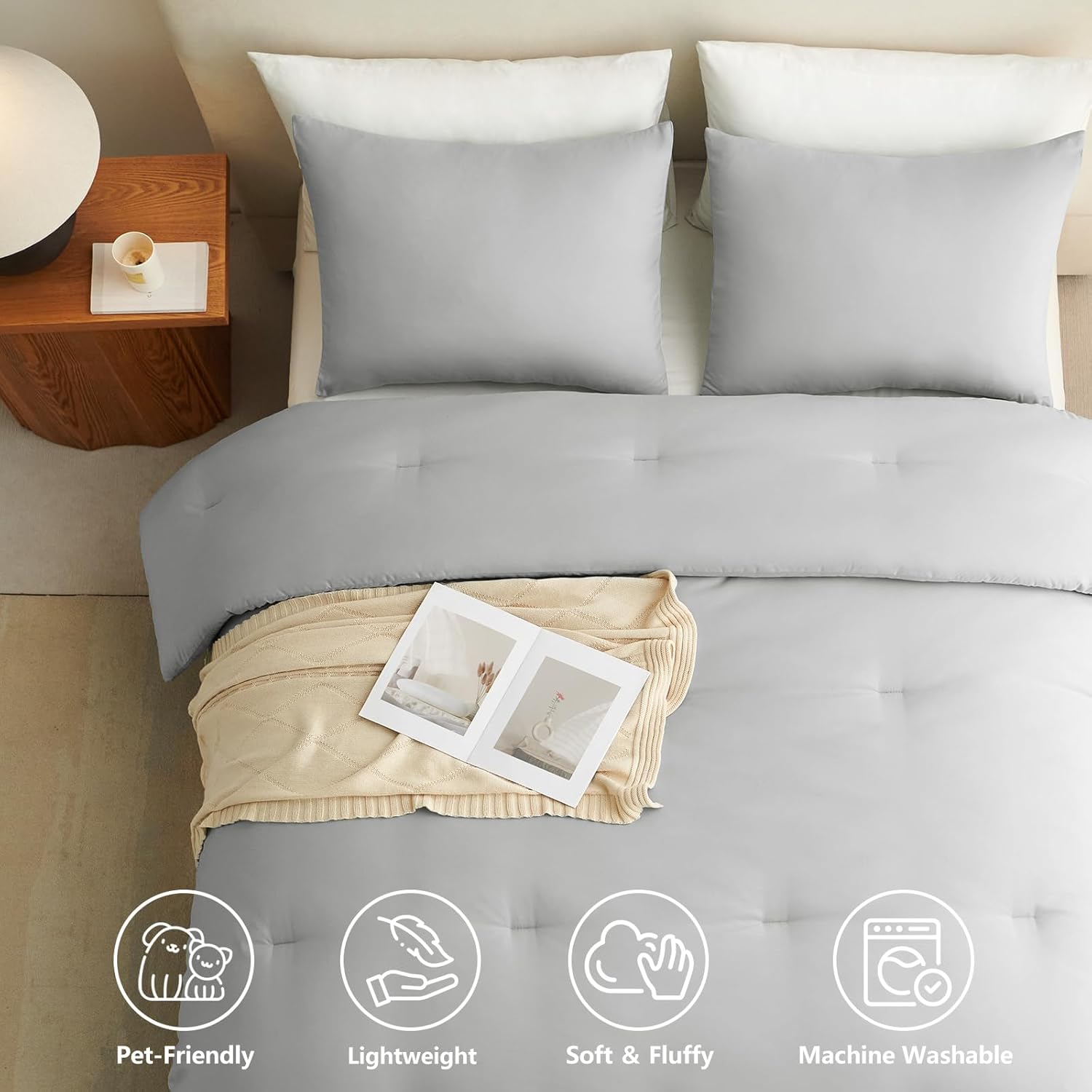 Detalle de CozyLux Light Grey Queen Comforter Set, 3-Piece Bedding