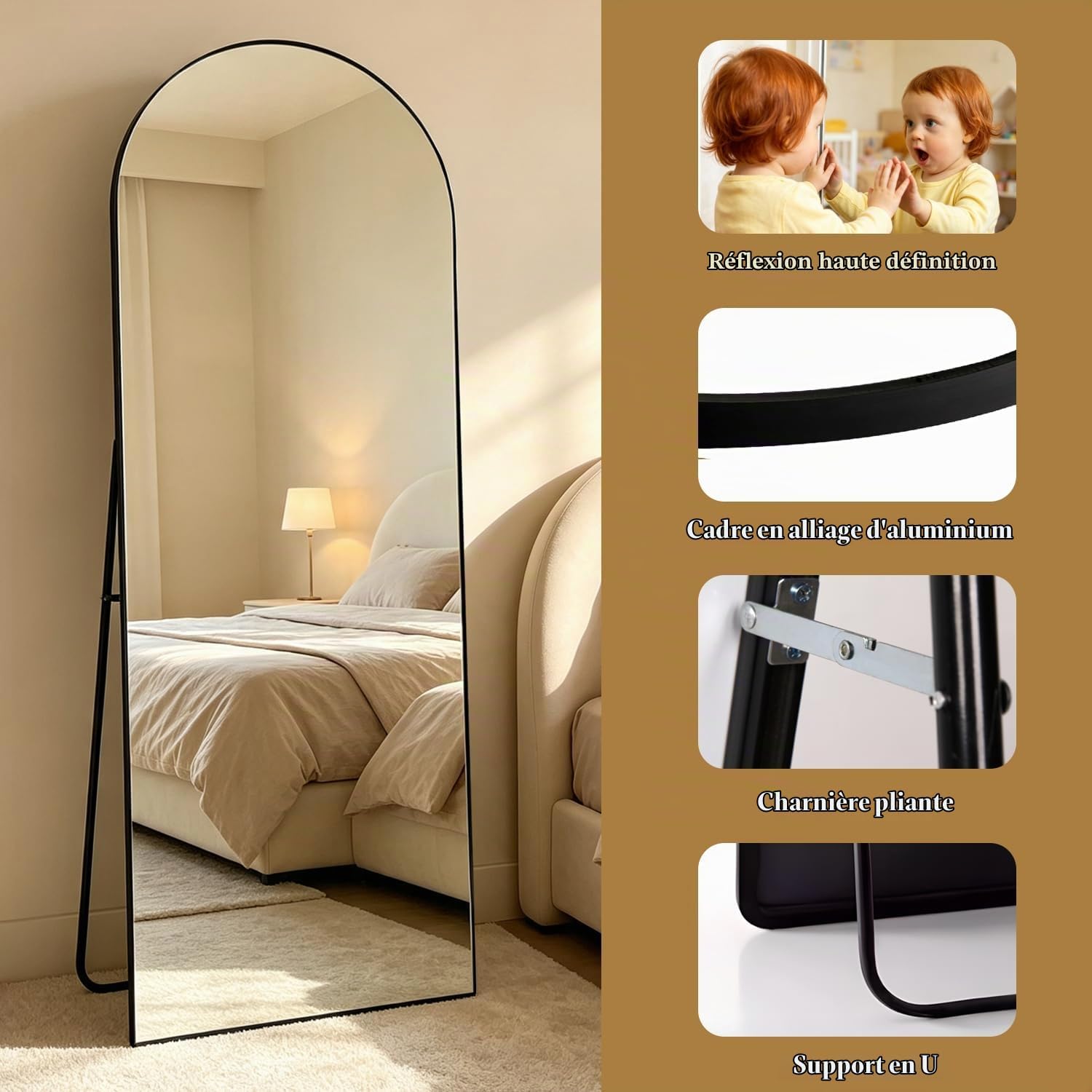 Detalle de Elemango Alloy Arch-65x24-Black gebogen passpiegel met aluminium frame