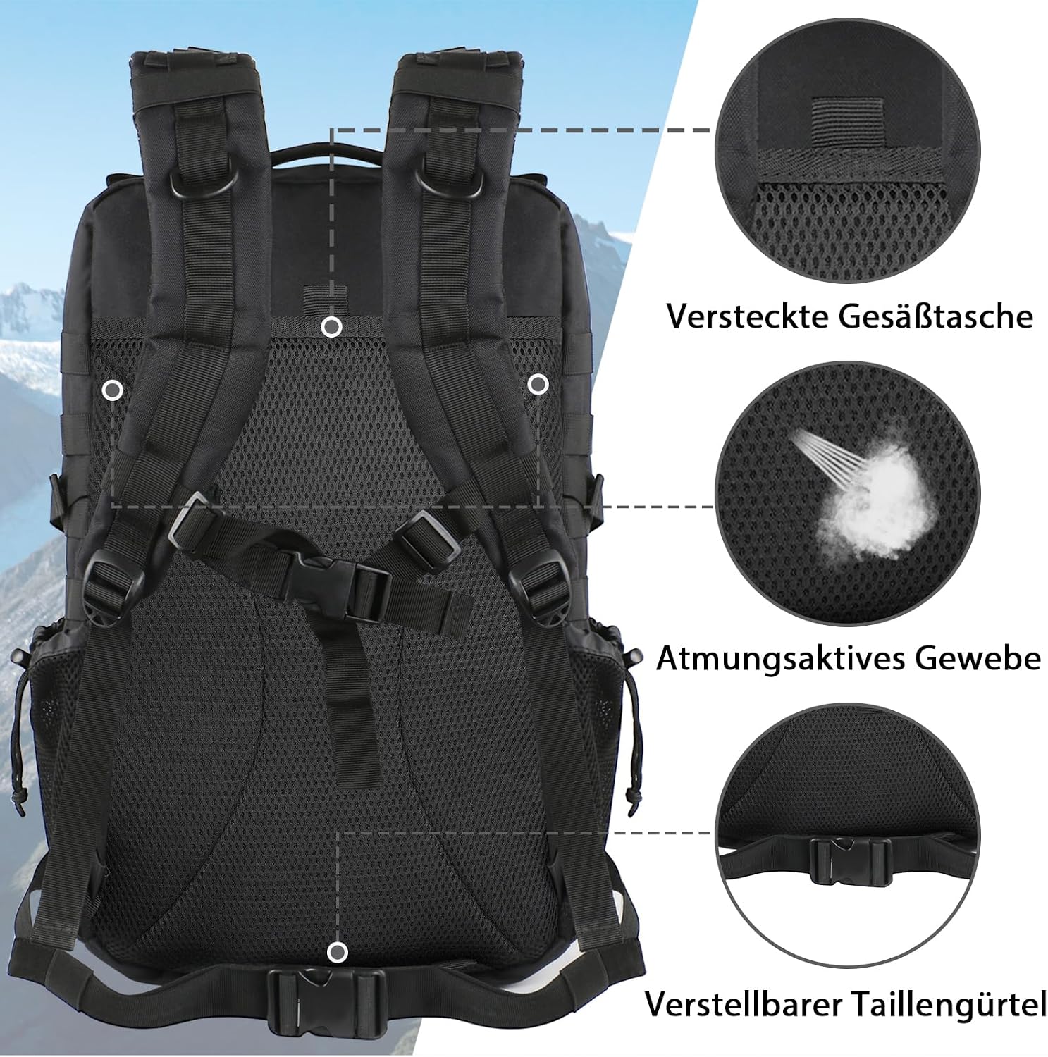 Detalle 2 de YOREPEK Militär Rucksack 40L Schwarz