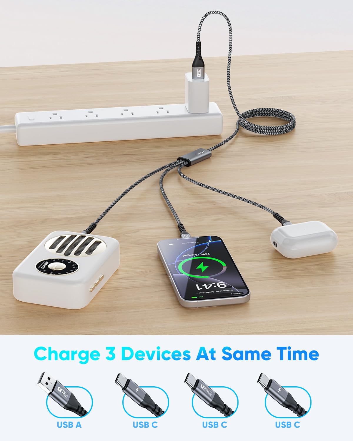 Thumbnail 1 de SUNGUY USB-C Multi Charger Cable 1.2m (3-in-1) with QC3.0 Fast Charging