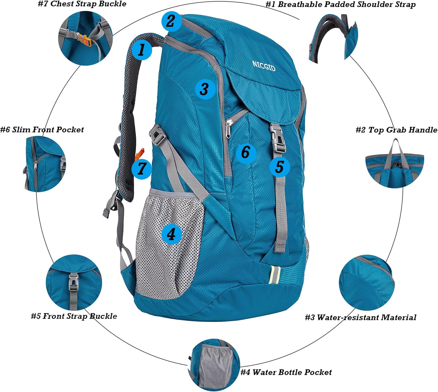 Detalle de Nicgid 50L/60L/70L Lightweight Foldable Hiking Backpack – Versatile Water-Resistant Travel Rucksack