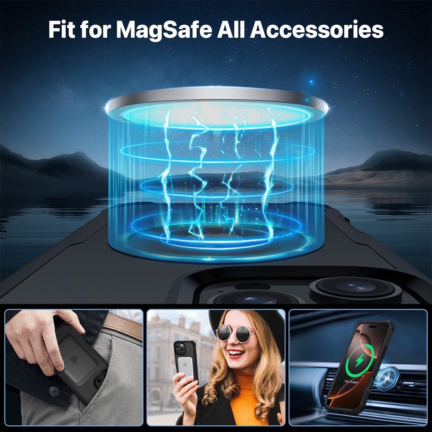 Thumbnail 3 de CENHUFO iPhone 16 Pro Max case with built-in 9H glass screen protector and camera lens protector (Magsafe compatible) – Black
