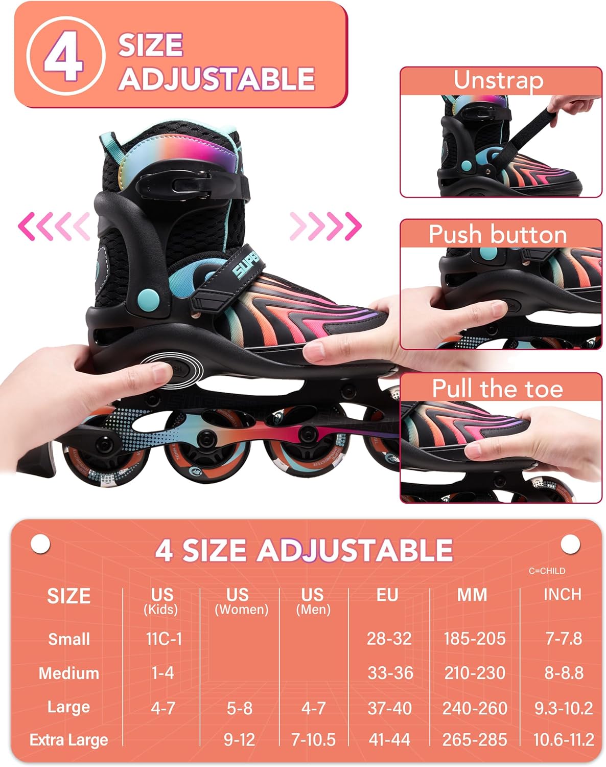 Detalle de SUPER YOUNGSTER Adjustable Light-Up Inline Skates for Kids (4–12) with Durable Build