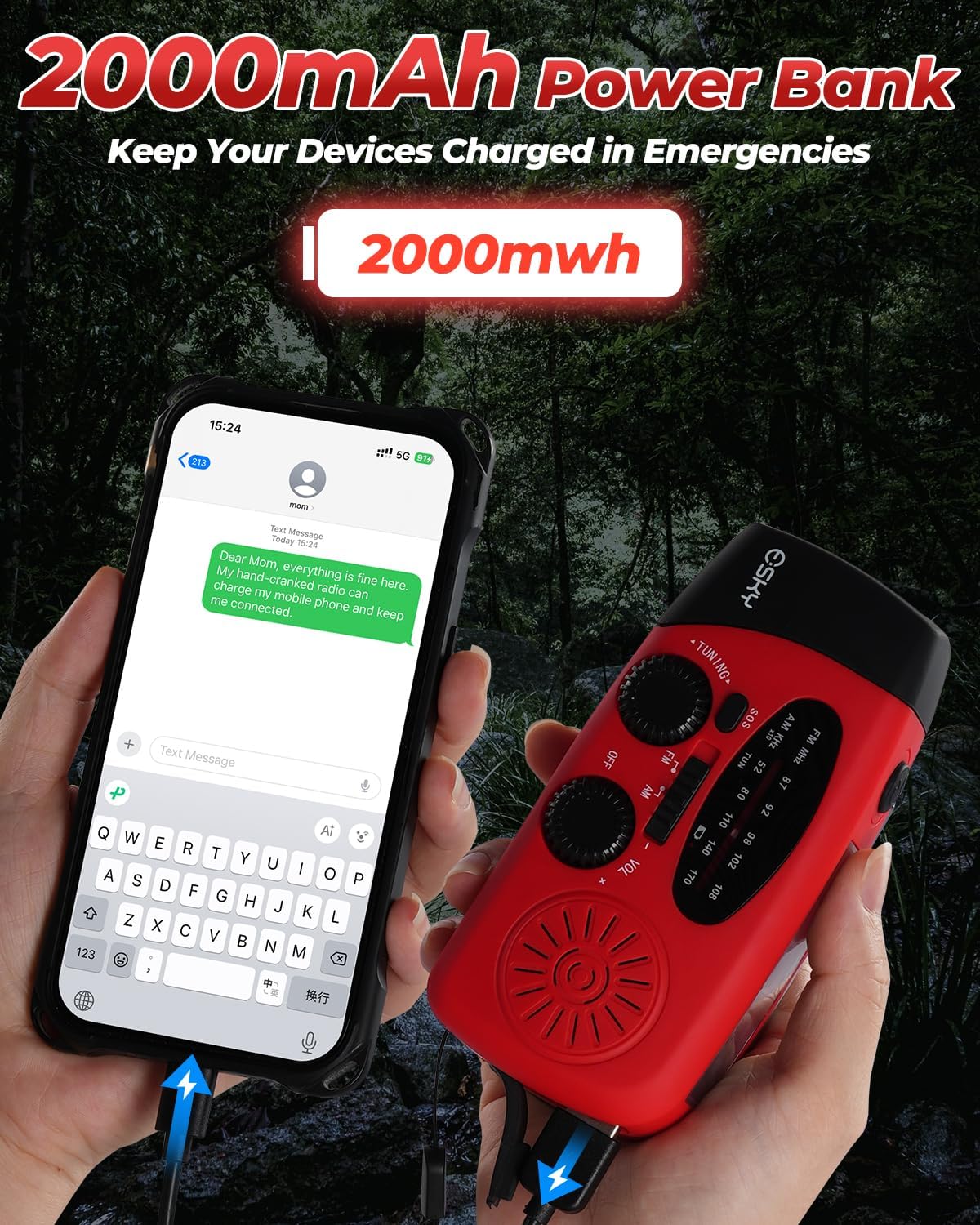 Detalle de Esky Wind Up Radio: Survival Hand Crank Solar AM/FM Weather Radio with 2000mAh USB Power Bank