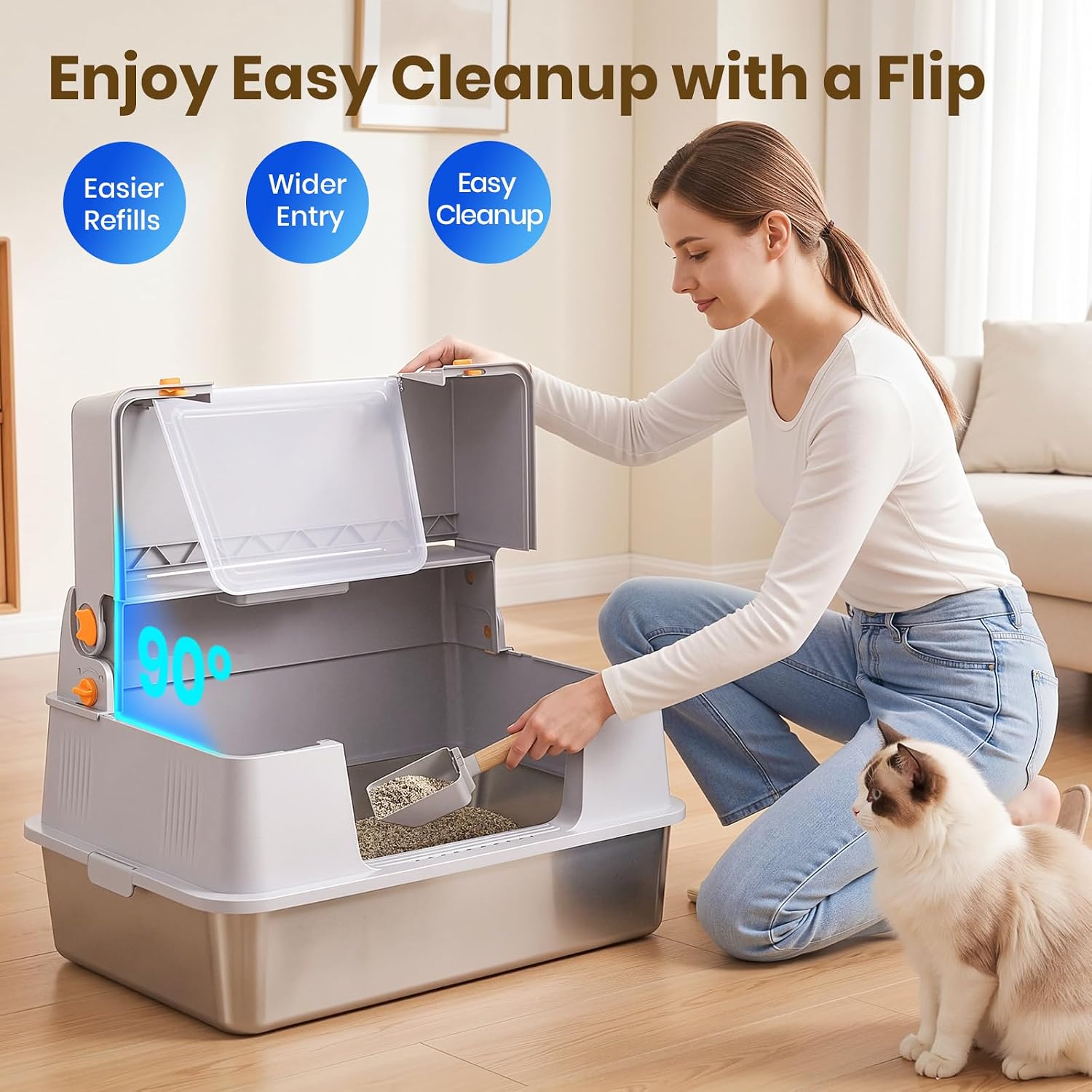 Detalle de PKBD XL Stainless Steel Cat Litter Tray: Large, Fully Enclosed 3-in-1 Litter Box