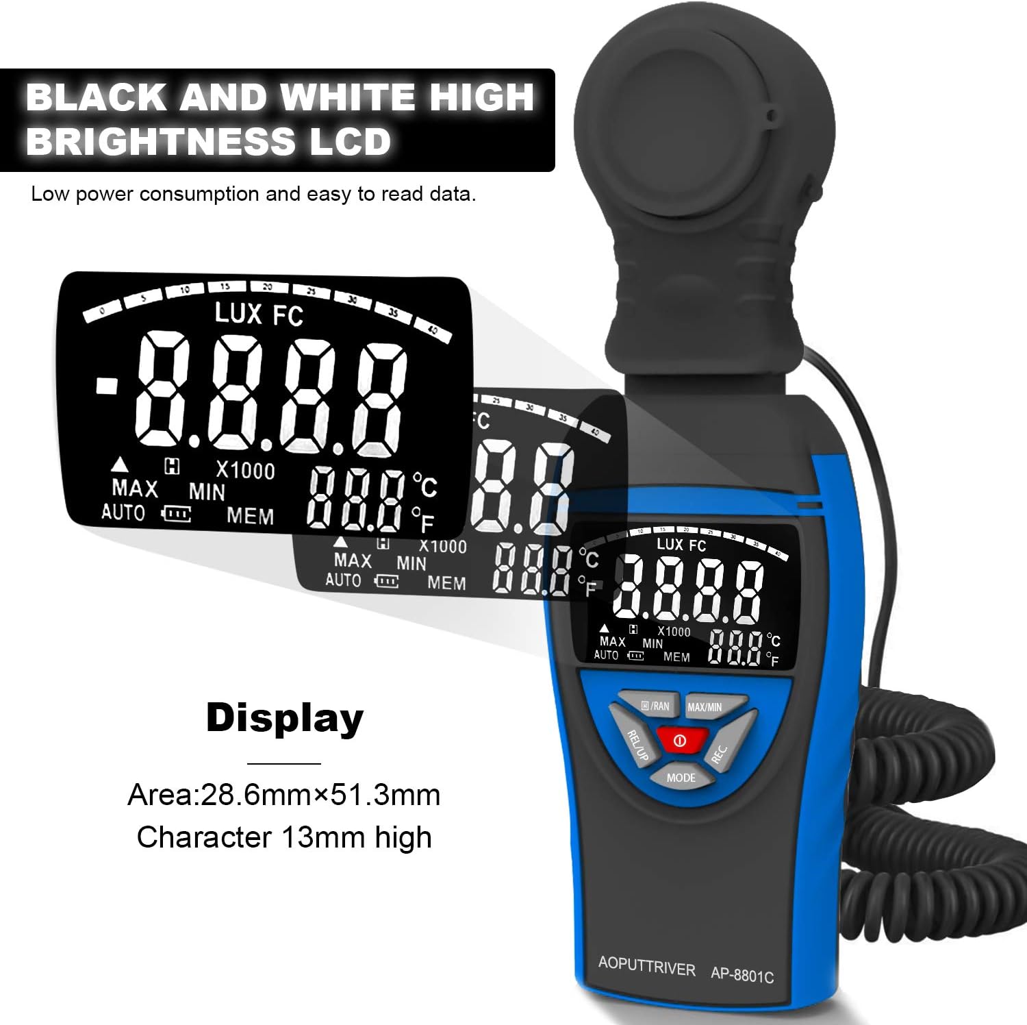Detalle de AP-8801C Digital Luxmeter – Lichtstärke bis 400.000 Lux mit ausziehbarem Detektor