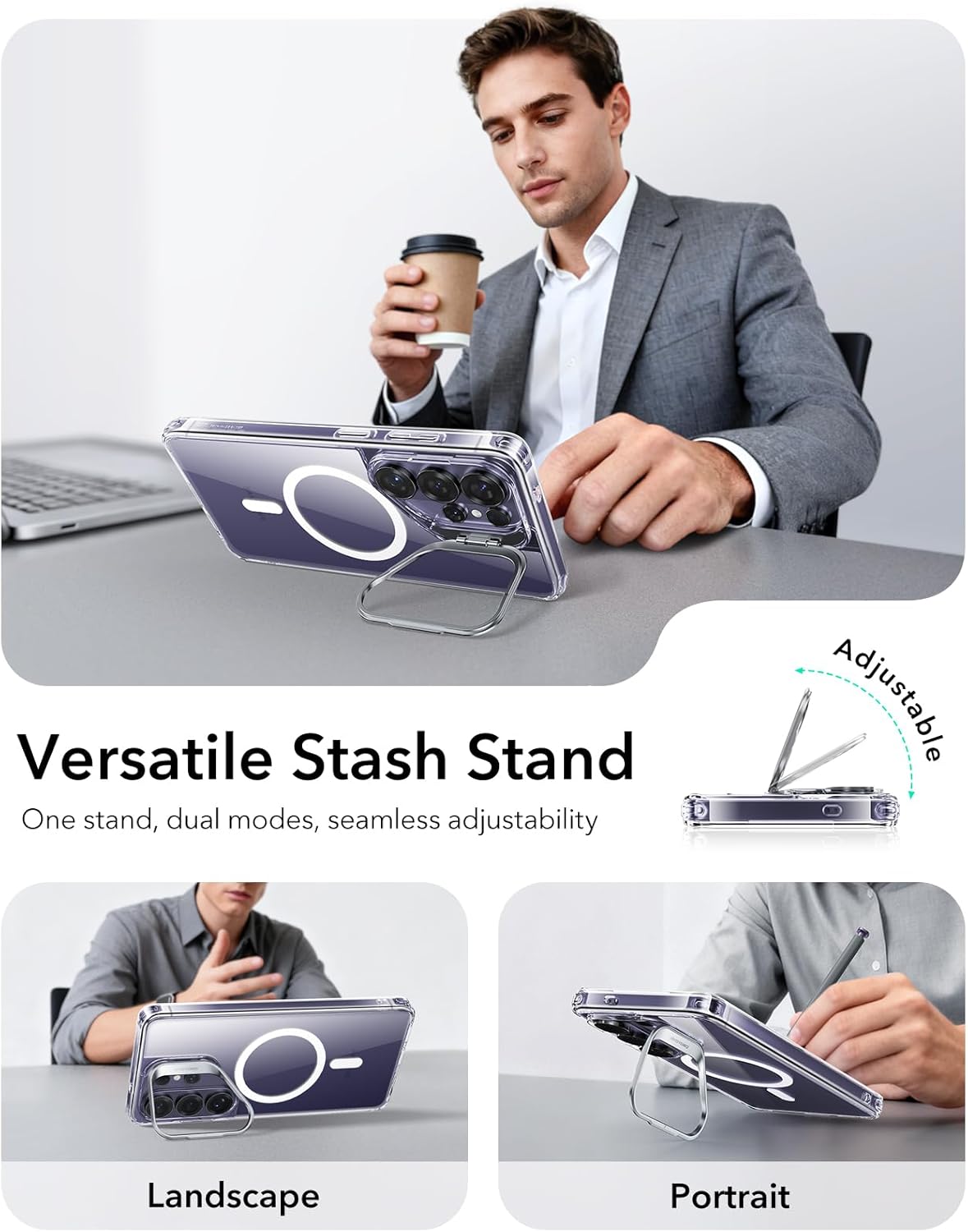 Detalle de ESR for Samsung Galaxy S26 Ultra Phone Case with Stash Stand (MagSafe compatible) – Clear, Military-grade drop protection