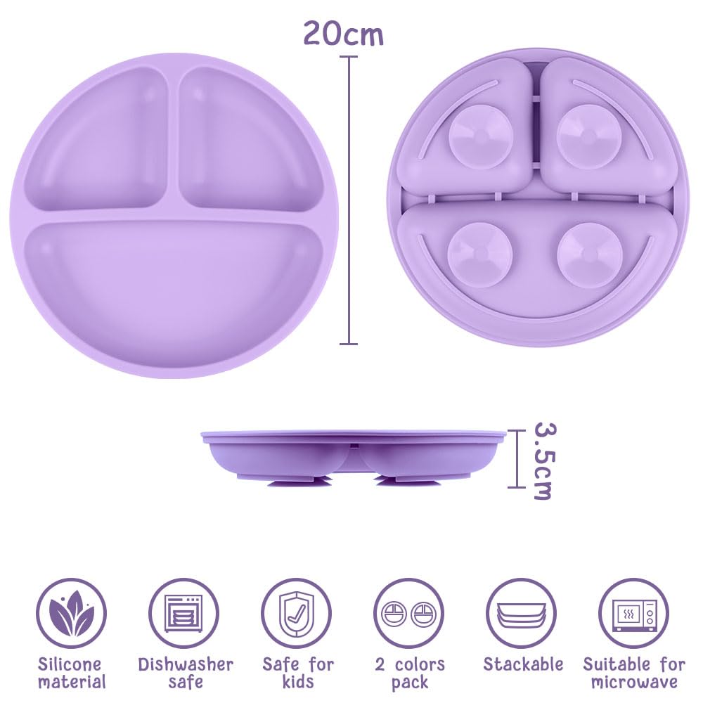 Thumbnail 1 de Vicloon Baby Teller, 2er Silikon-Schale mit Saugnapf – rutschfest, BPA-frei, 3 Fächer, pink/lila