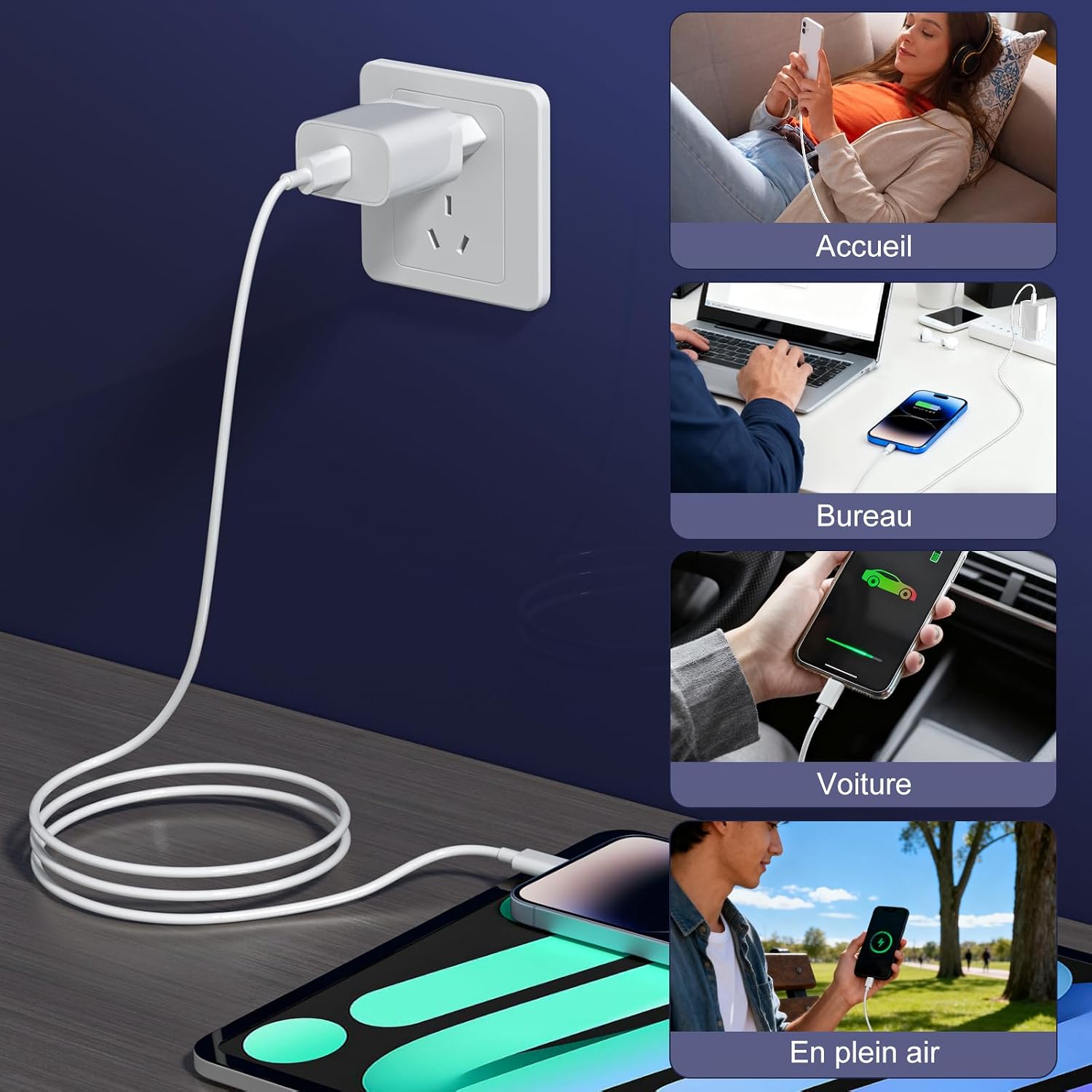 Thumbnail 6 de Chargeur iPhone 20W en duo avec câbles Lightning 2 m & 3 m certifiés MFi – Ailawuu