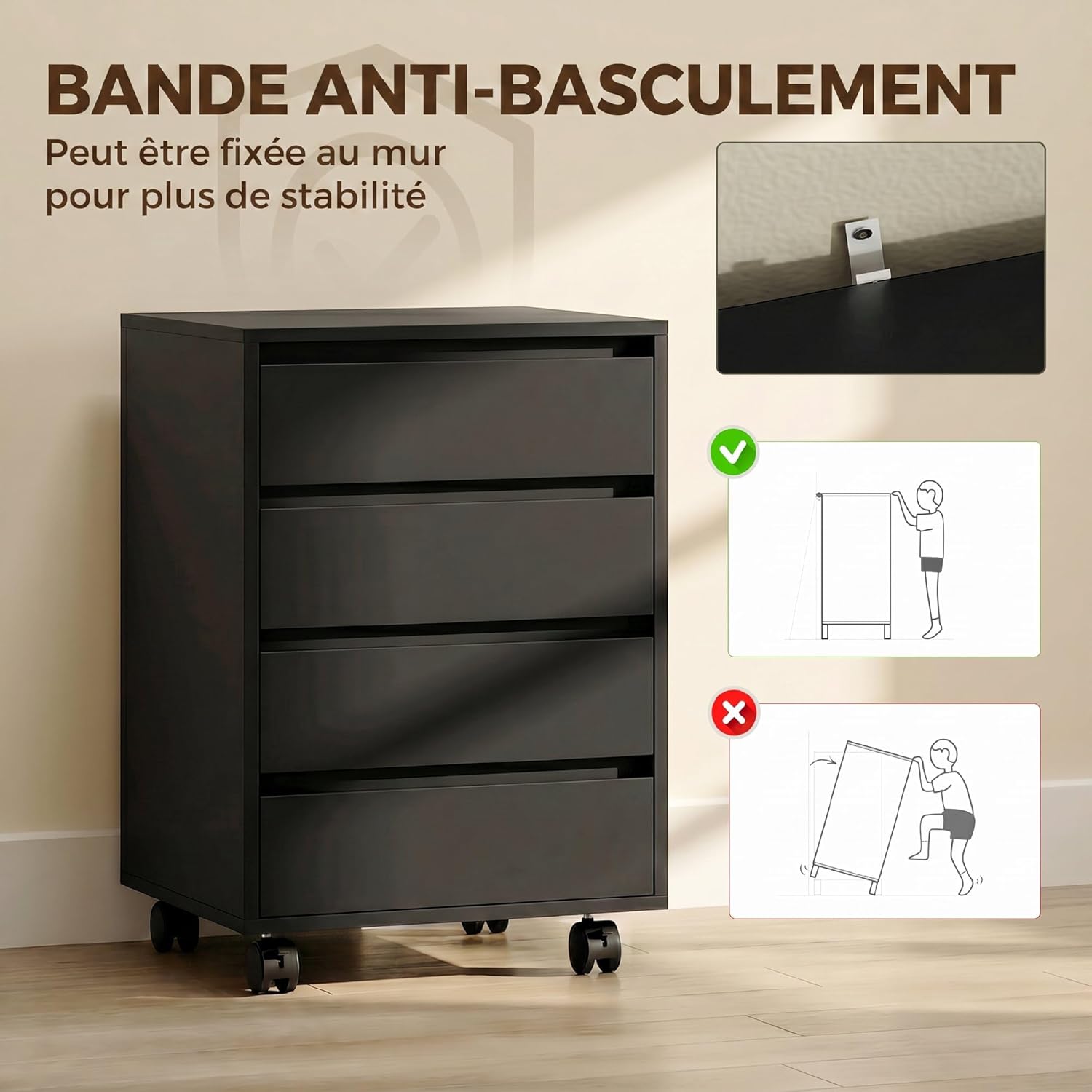 Detalle 2 de Caisson de bureau HOMCOM – rangement sur roulettes, 4 tiroirs coulissants en bois, noir
