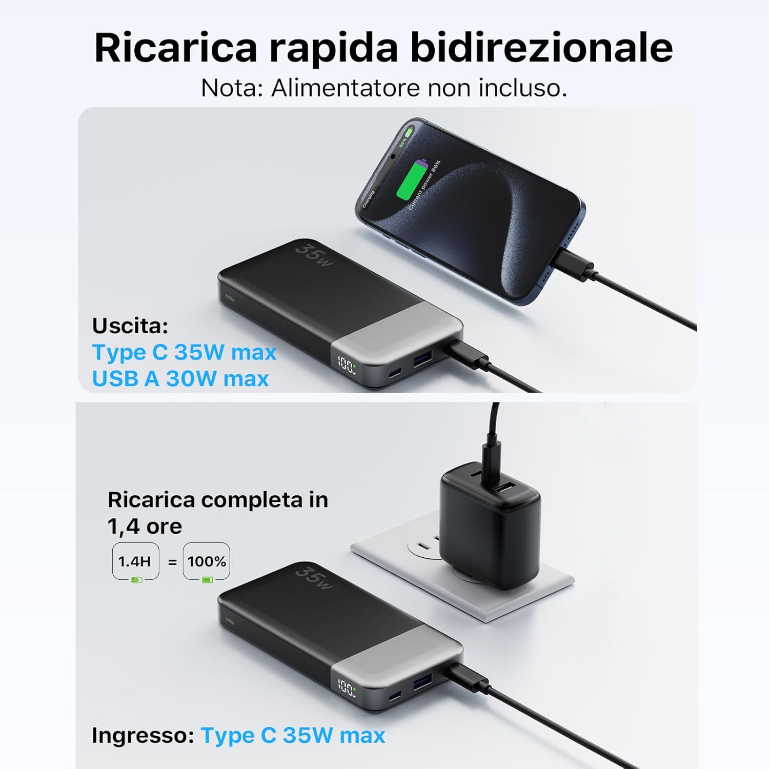 Thumbnail 2 de NOBIS Power Bank 35W portatile da 10.000 mAh con ricarica rapida 2 USB-C & USB-A e display digitale