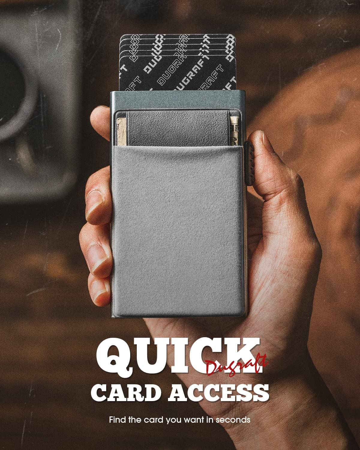 Thumbnail 1 de DUGRAFT Men’s Pop-Up Credit Card Holder Wallet – Slim RFID-Blocking Aluminium with Coin Pocket (Grey)