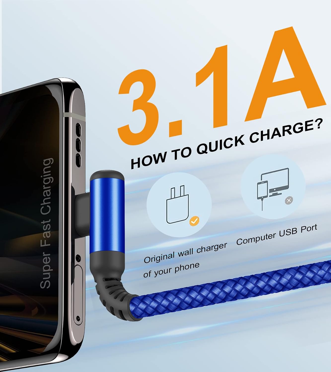 Detalle 2 de USB‑C Kabel 90° Winkel (2er‑Set, 3 m) Schnellladung & Daten, Nylon (USB‑C/Type‑C)