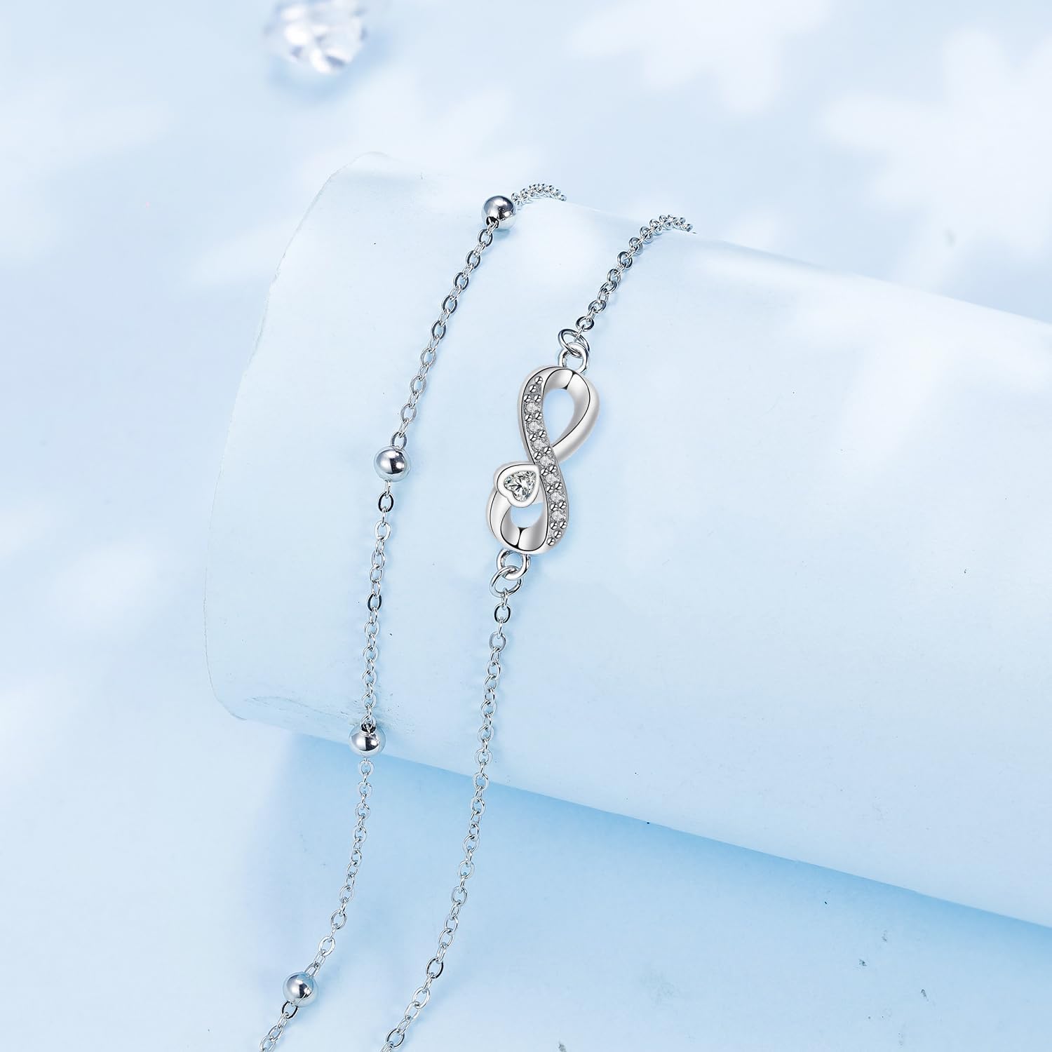Thumbnail 2 de Arrebol Fußkettchen Damen aus Silber 925 – Doppelkette mit Kugelperlen, verstellbar (22 cm + 4 cm)