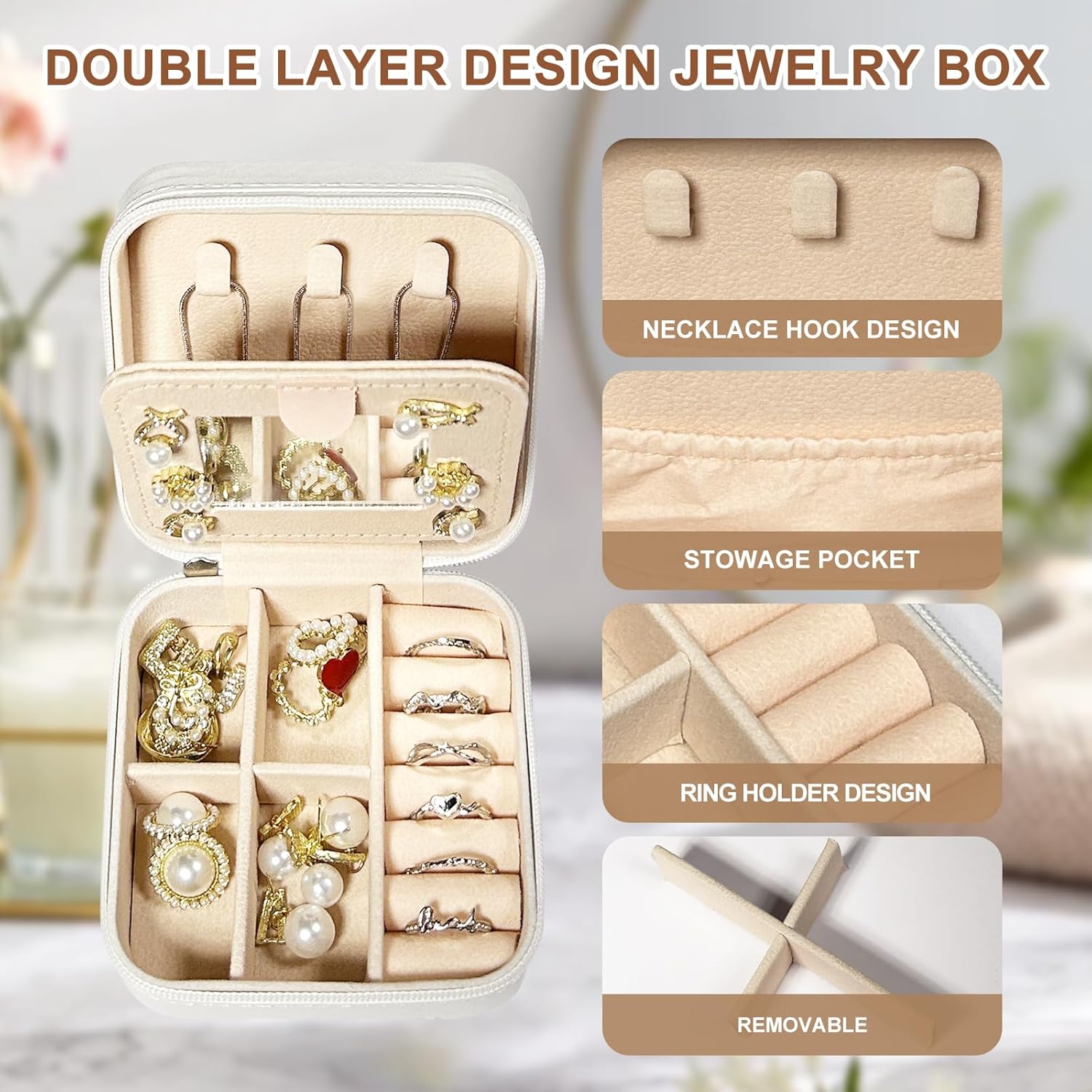 Detalle de JEKUGOT Personalised Travel Jewellery Box – Alphabet Organiser with Mirror (Small, 10×10×5 cm)