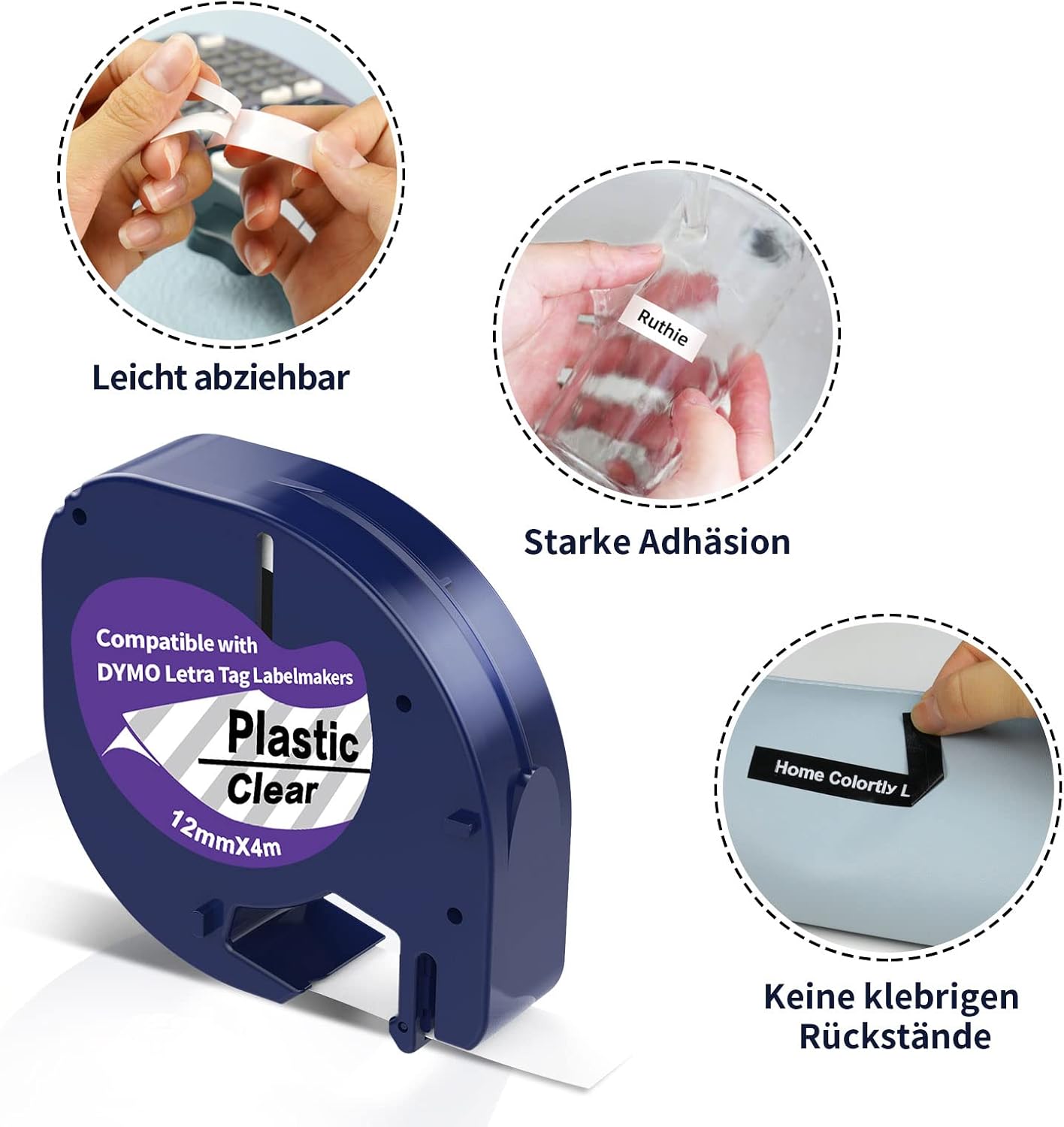 Detalle 2 de 3er-Pack Kunststoff-Etikettenband für Dymo LetraTag, 12 mm (schwarzer Druck auf weiß/klare Schrift auf schwarz)