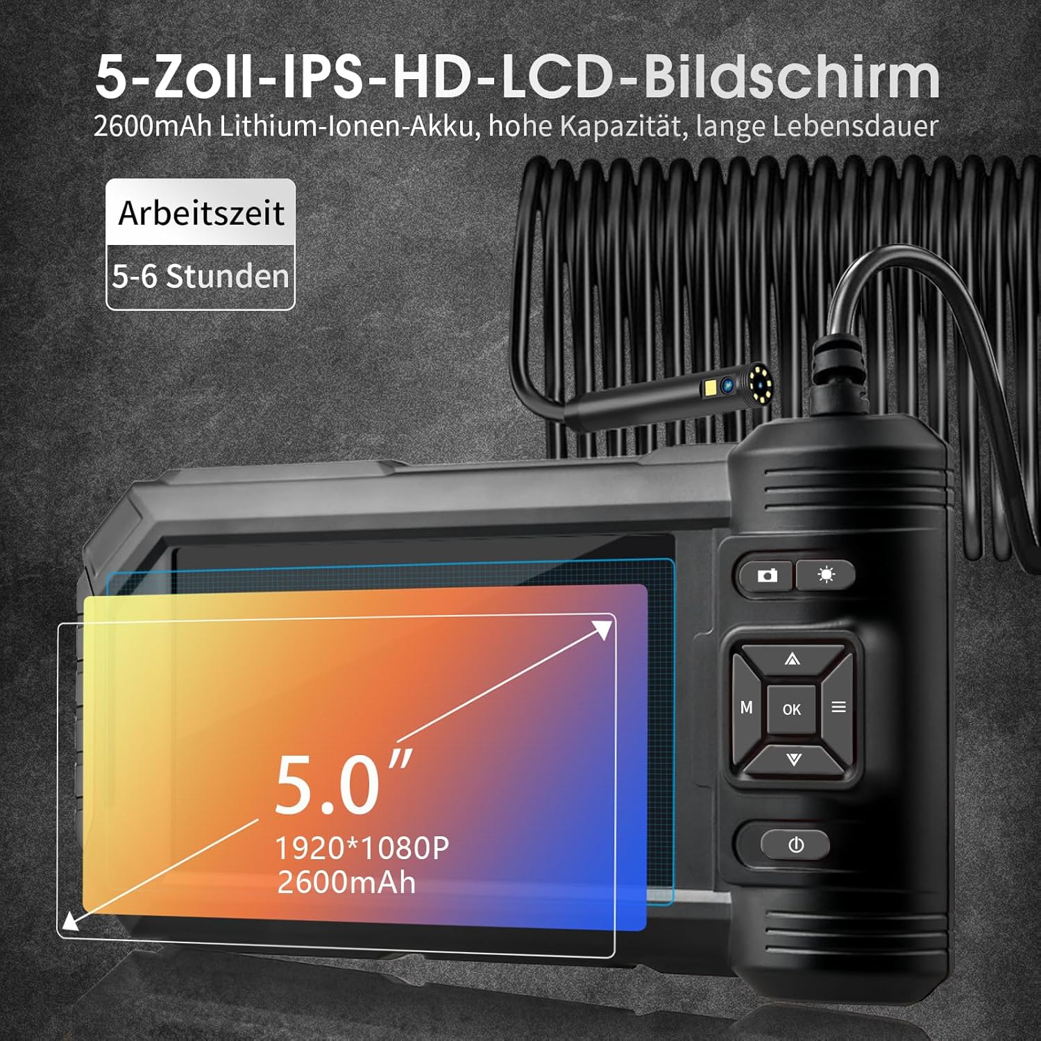 Thumbnail 1 de DPduct Endoskopkamera mit Licht: Dual-Lens Inspektionskamera (10 m) mit 5,0-Zoll-IPS-Display