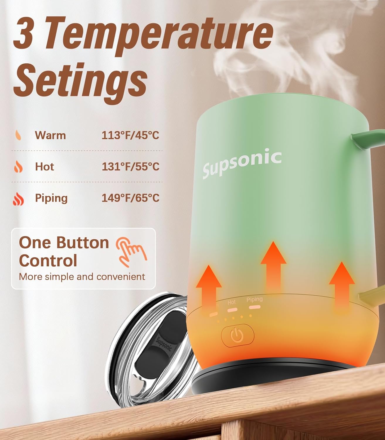 Detalle 2 de Supsonic 16oz Self-Heating Coffee Mug — Smart Heated Mug with 149°F/131°F/113°F, Auto Shut-Off