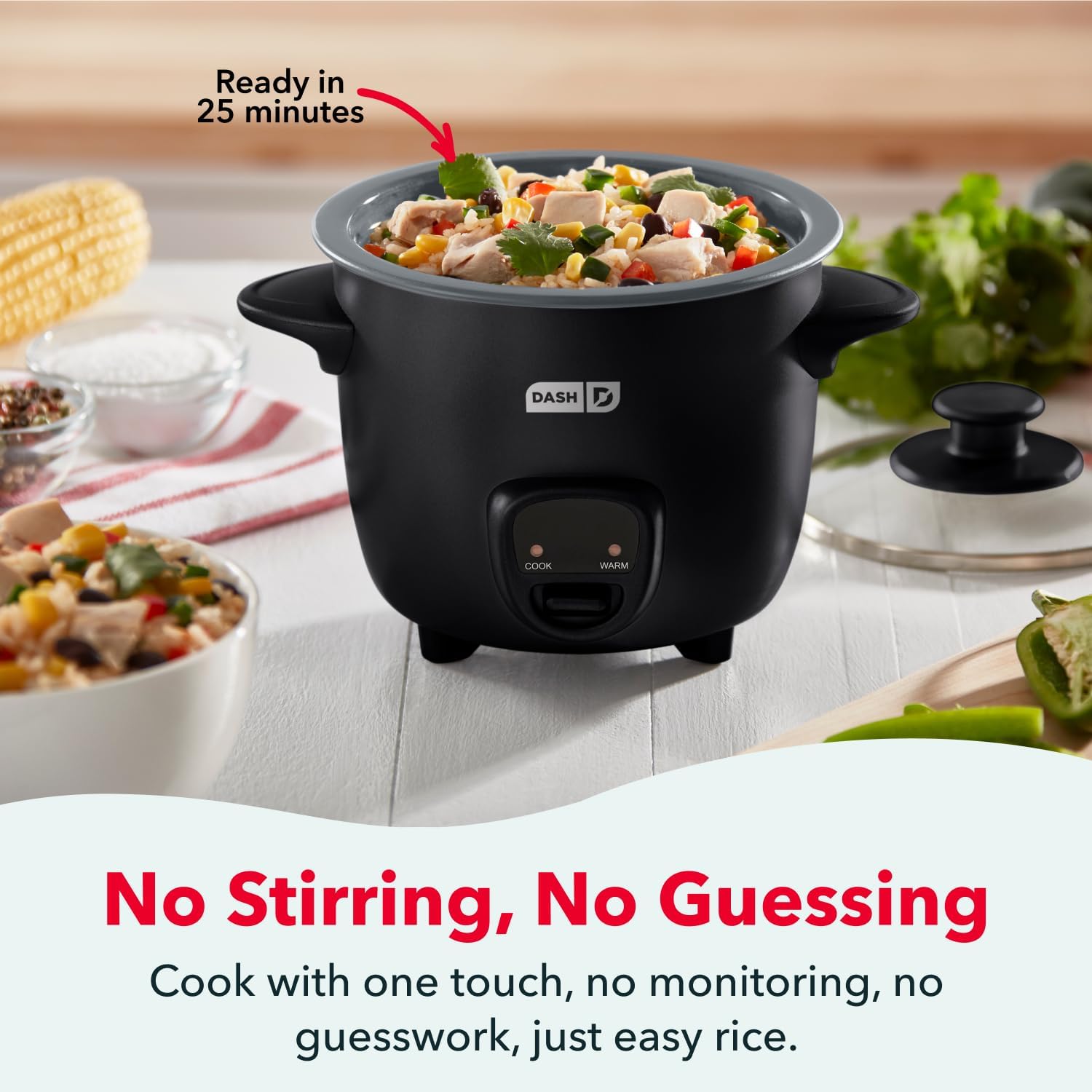 Detalle de Dash Mini Ceramic Rice Cooker (Black Ceramic) — Compact Single-Serve Cooker with Removable Nonstick Pot