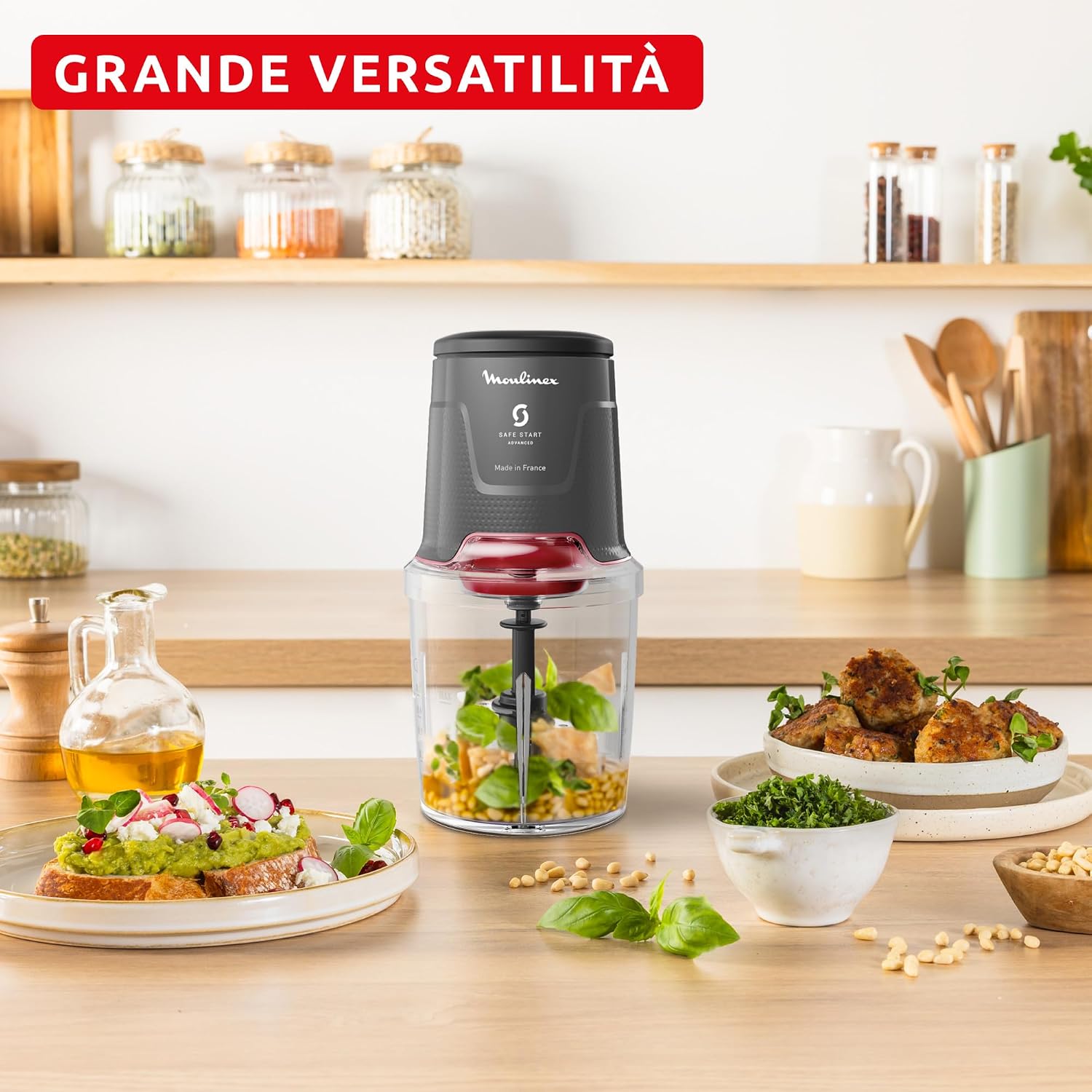 Detalle de Moulinex Easy Press AT740H: Tritatutto Elettrico 600W con 4 lame in acciaio, capacità 500 ml, colore Hippo Iron