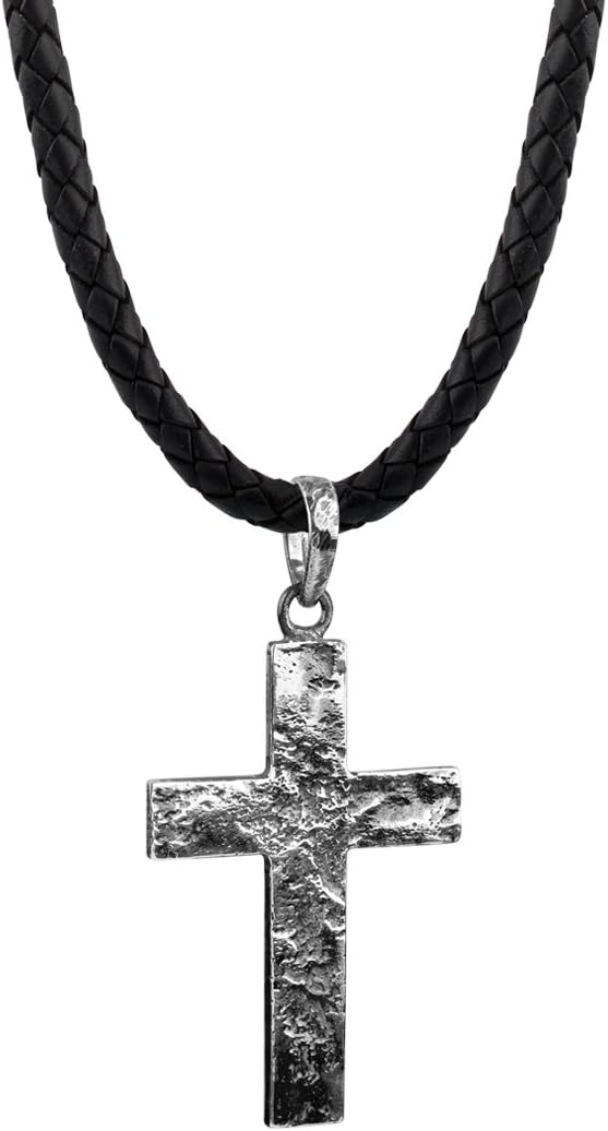 Detalle de Kuzzoi Herren-Lederhalskette mit Kreuz-Anhänger aus massivem 925 Sterling Silber (schwarz oxidiert) – geflochtenes Rindsleder