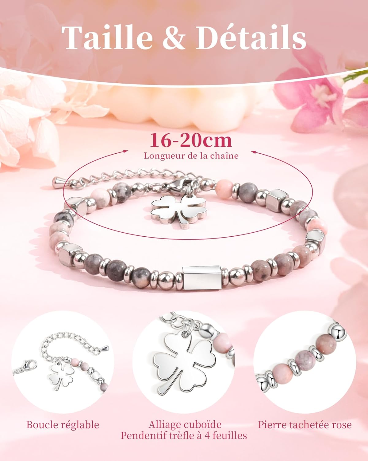 Thumbnail 4 de Bracelet personnalisé en pierre naturelle rose Seyaa Cadeau anniversaire fille (trèfle à 4 feuilles, cœur/croix)
