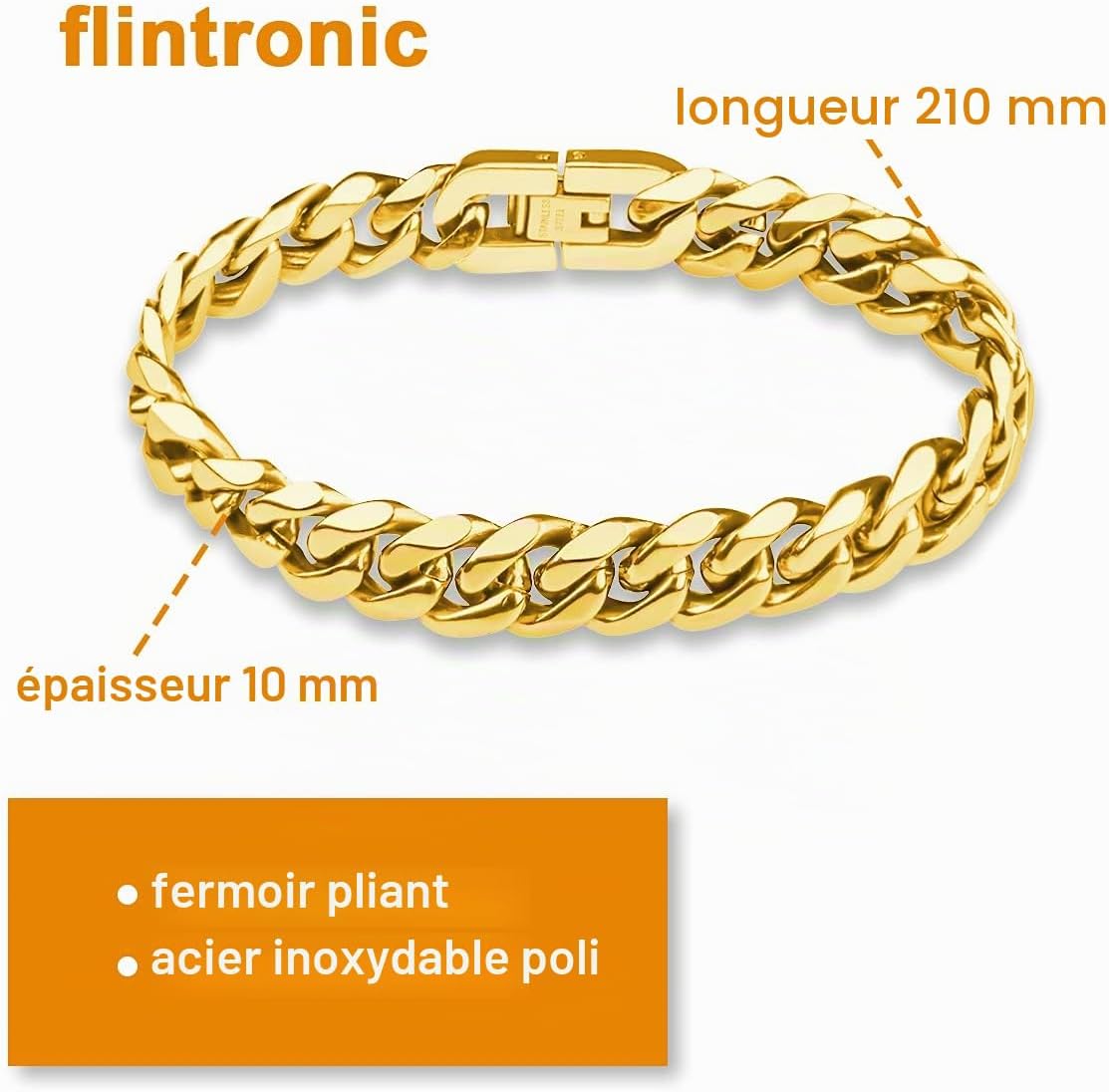 Thumbnail 2 de Flintronic Homme Gourmette Chaîne Bracelet en Acier Inoxydable – Chaîne Large 10 mm, 21 cm