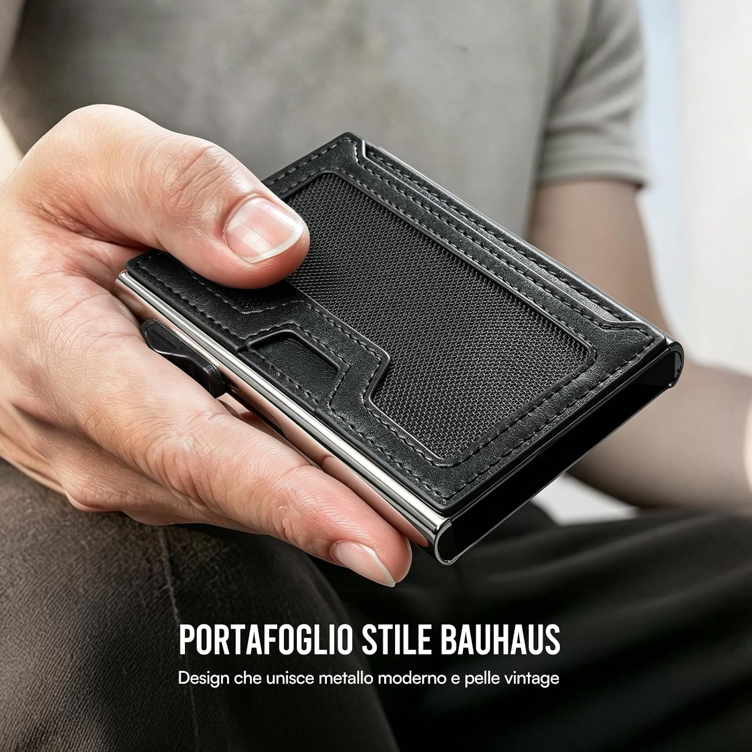 Thumbnail 3 de YESIIW Porta Carte Uomo Bauhaus – Ultra Slim Pop up, Alluminio con Pelle Vintage, RFID, Nero